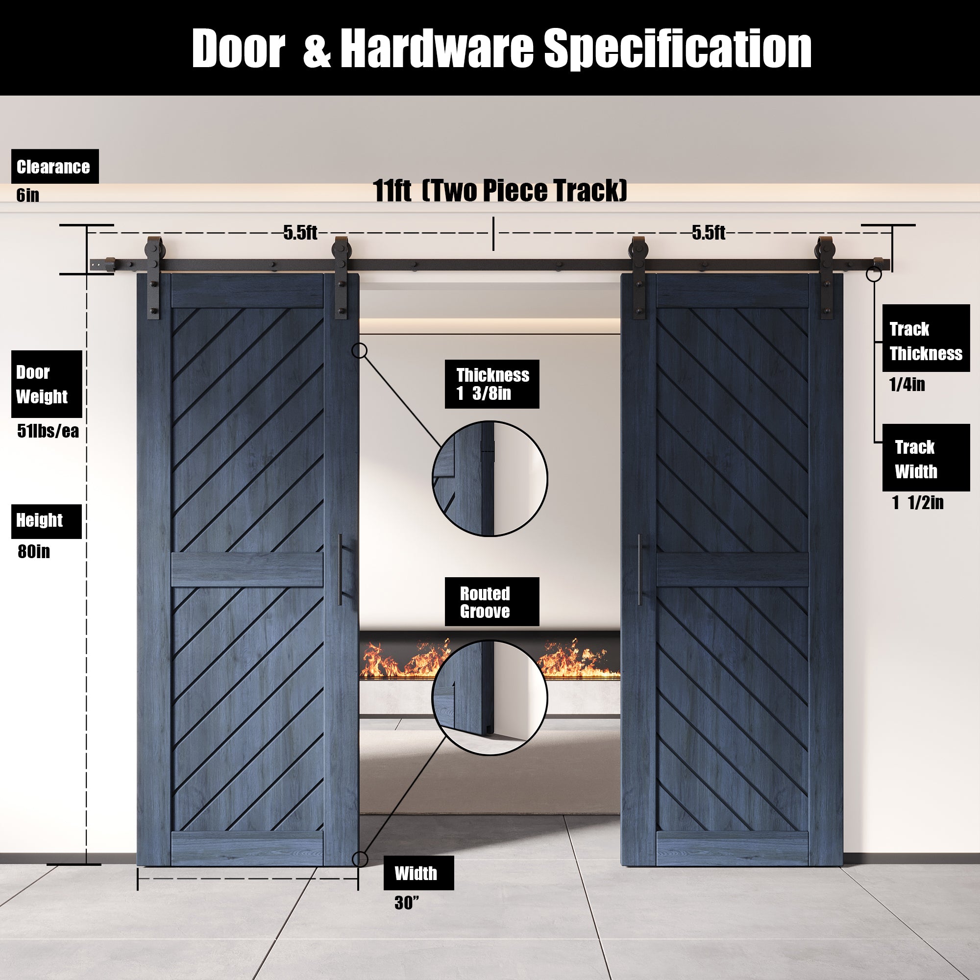 finished double pine barn door with hardware kit