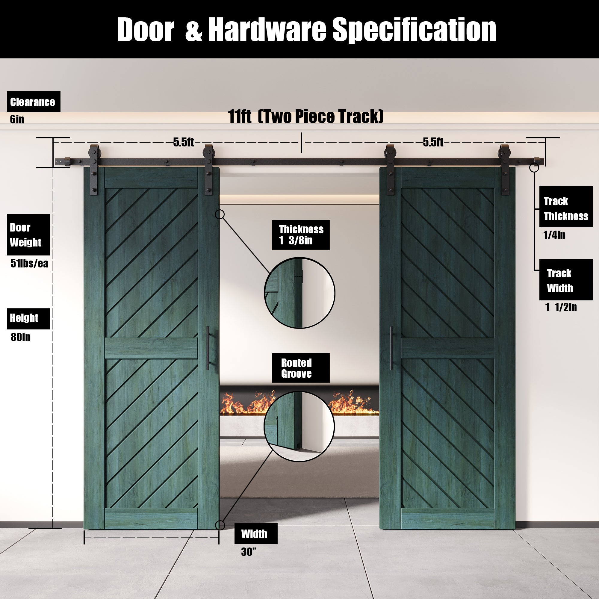 80" Height Royal Pine Slanted Stripe Design Unassembled & Finished Double Pine Wood Barn Door with Non-Bypass Installation Hardware Kit(Interior Use Only)