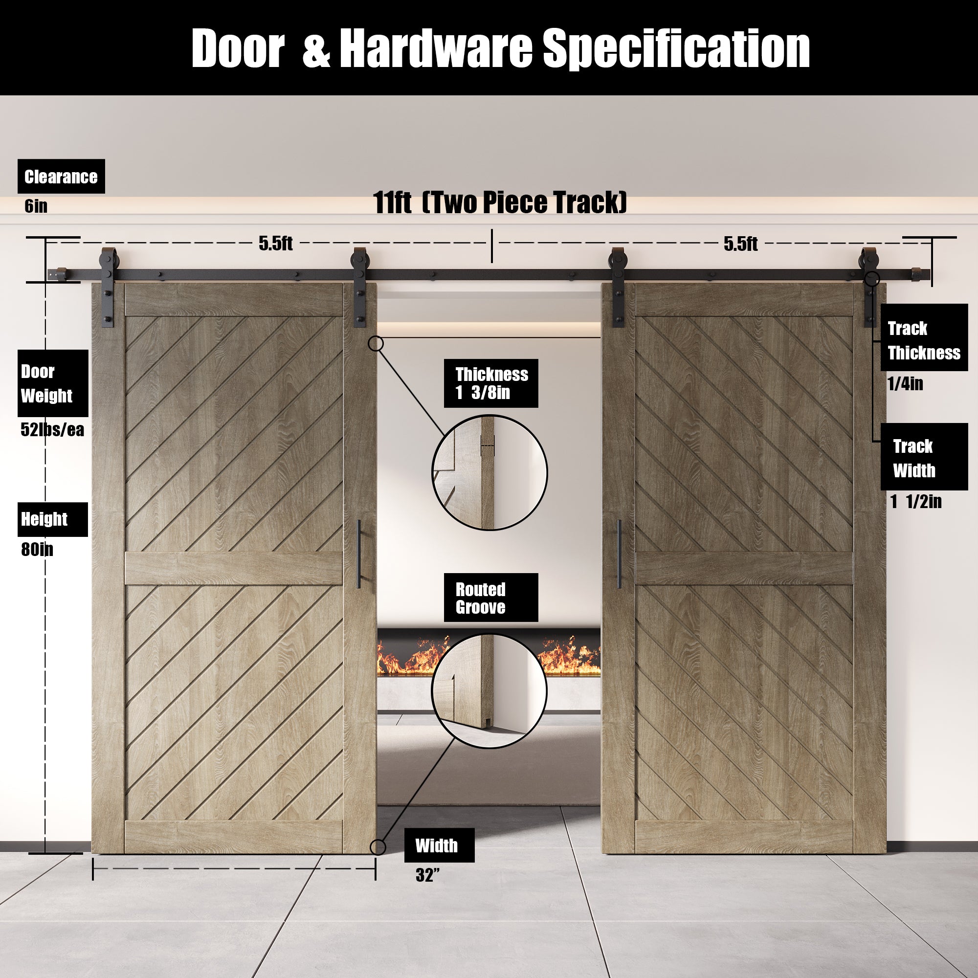 interior-use classic gray double barn door, non-bypass