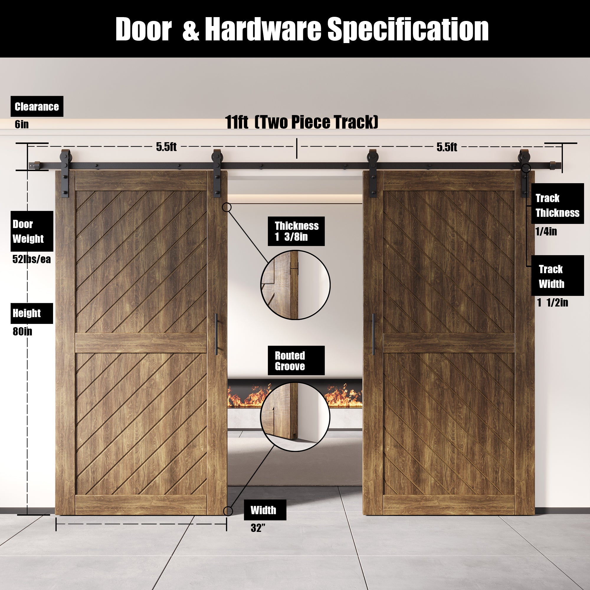 finished double pine barn door with hardware kit