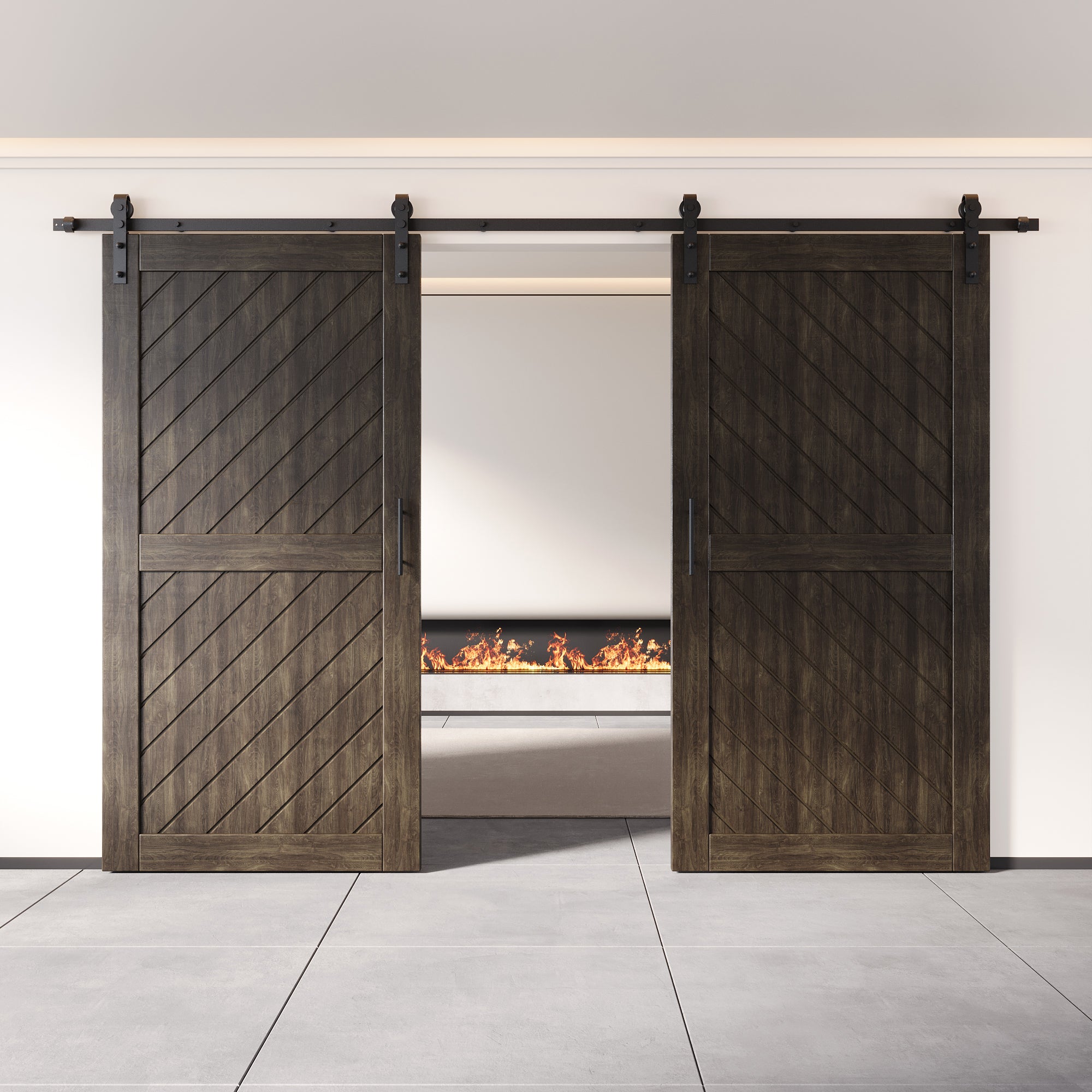 80" Height Ebony Slanted Stripe Design Unassembled & Finished Double Pine Wood Barn Door with Non-Bypass Installation Hardware Kit(Interior Use Only)