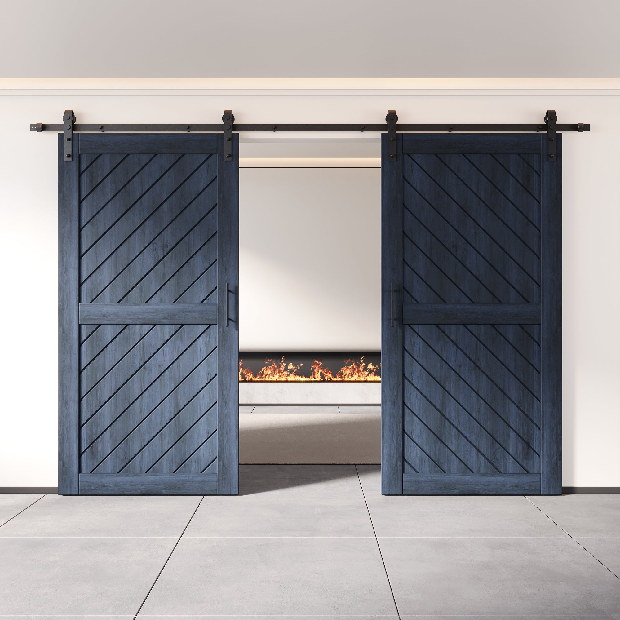 unassembled navy pine barn door, double and finished