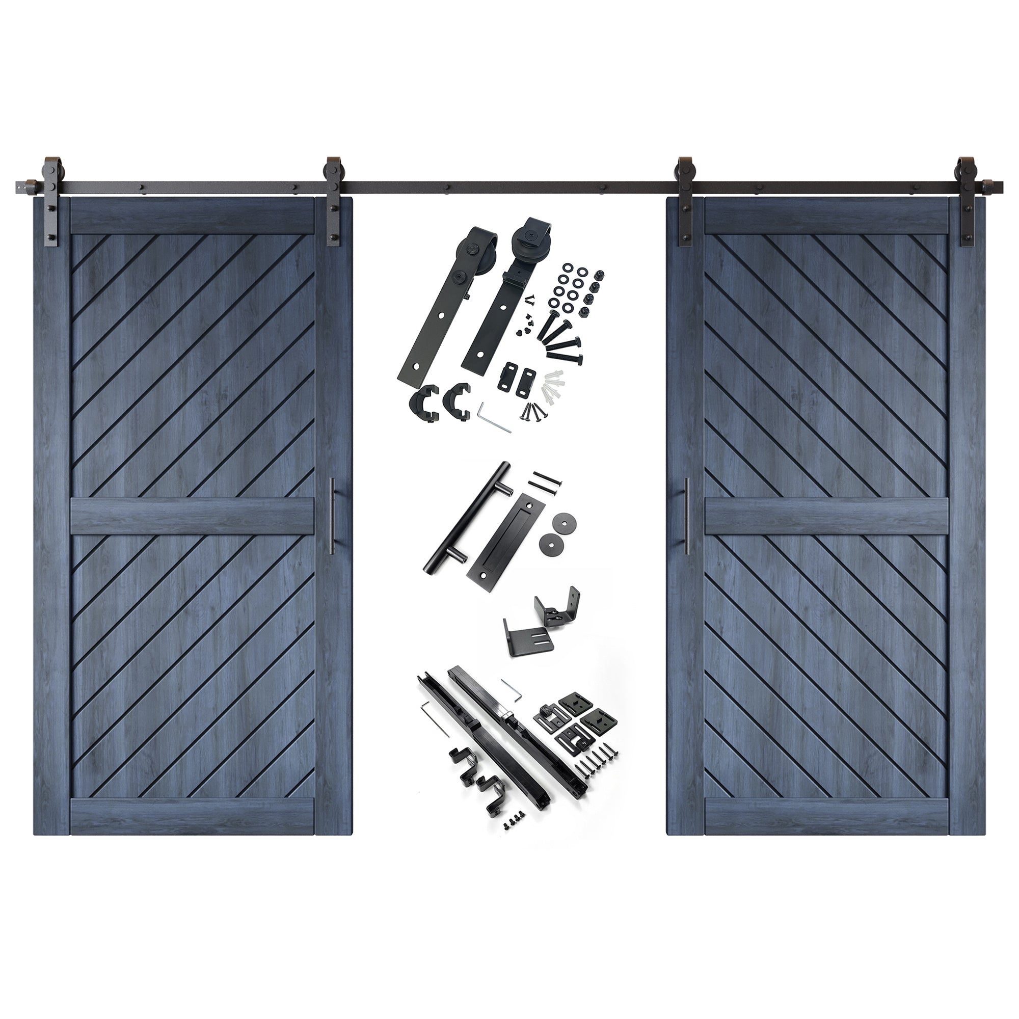 80-inch navy double pine barn door, slanted stripe design