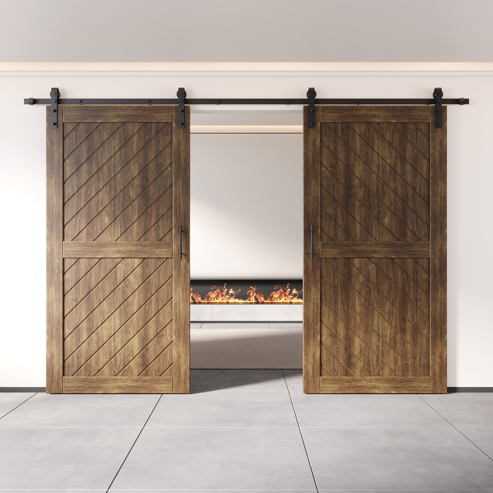 unassembled dark walnut pine barn door, double and finished