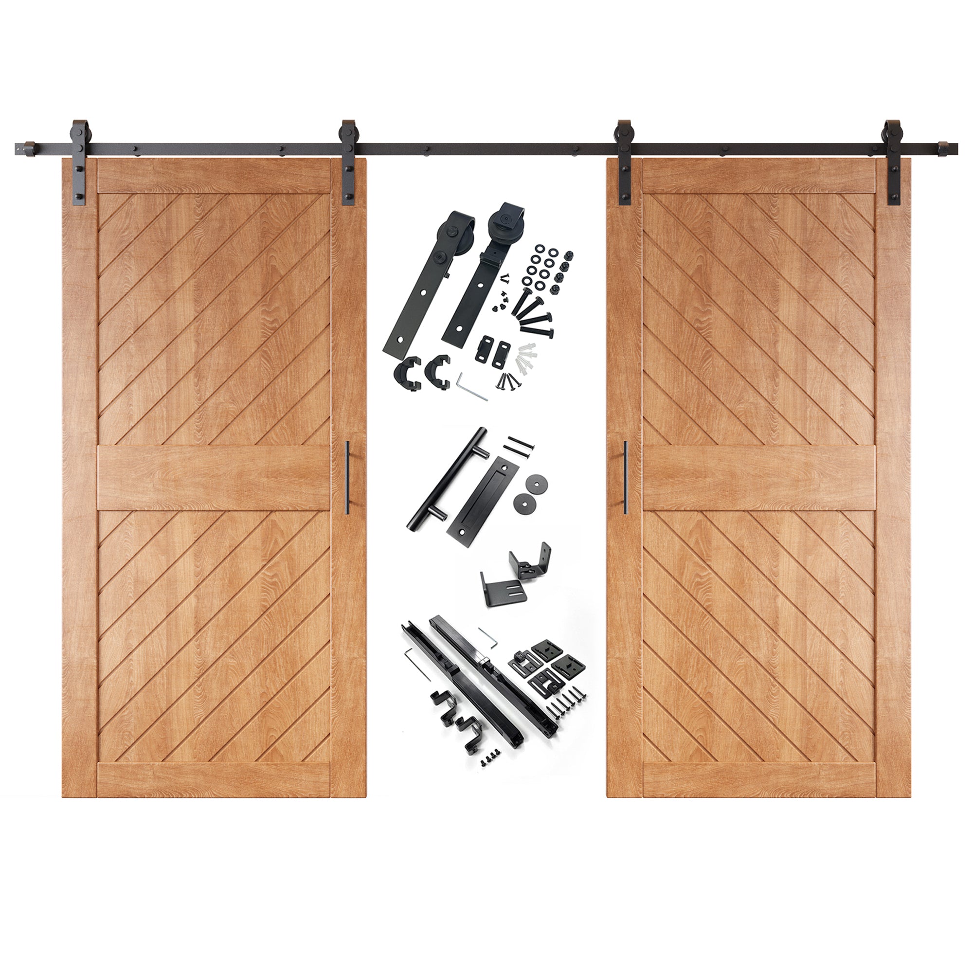 84" Height Early American Slanted Stripe Design Unassembled & Finished Double Pine Wood Barn Door with Non-Bypass Installation Hardware Kit(Interior Use Only)