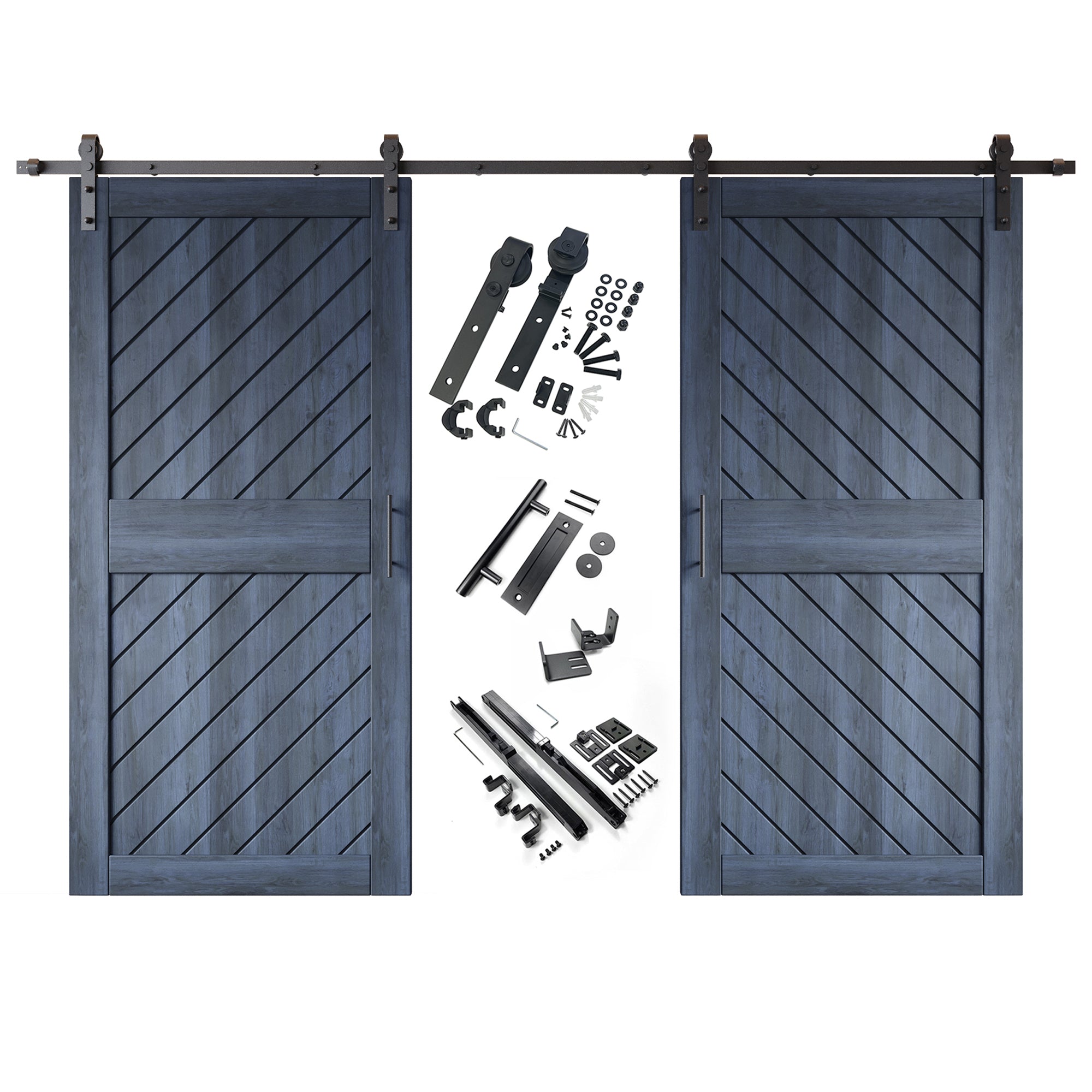 84" Height Navy Slanted Stripe Design Unassembled & Finished Double Pine Wood Barn Door with Non-Bypass Installation Hardware Kit(Interior Use Only)