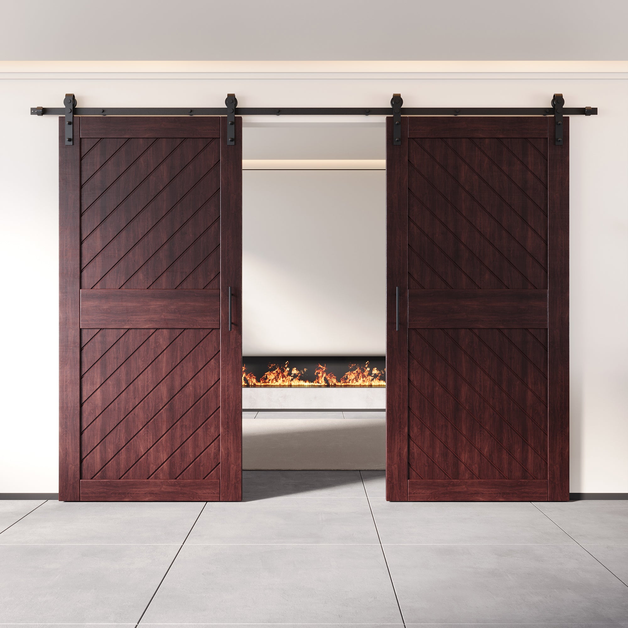 84" Height Red Mahogany Slanted Stripe Design Unassembled & Finished Double Pine Wood Barn Door with Non-Bypass Installation Hardware Kit(Interior Use Only)
