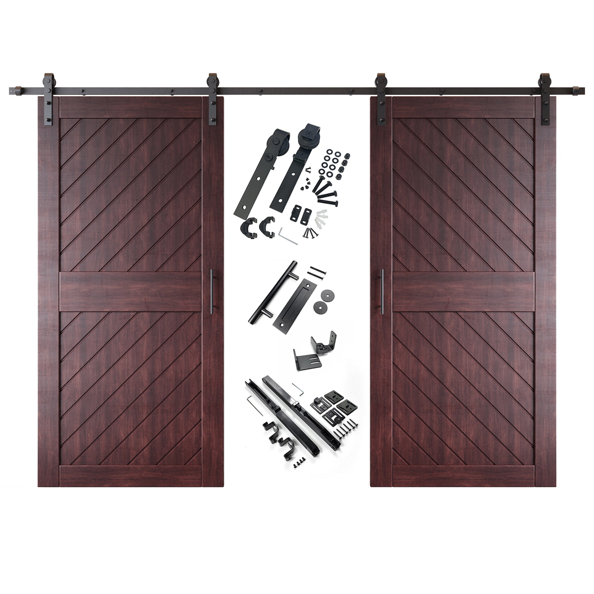 84" Height Red Mahogany Slanted Stripe Design Unassembled & Finished Double Pine Wood Barn Door with Non-Bypass Installation Hardware Kit(Interior Use Only)