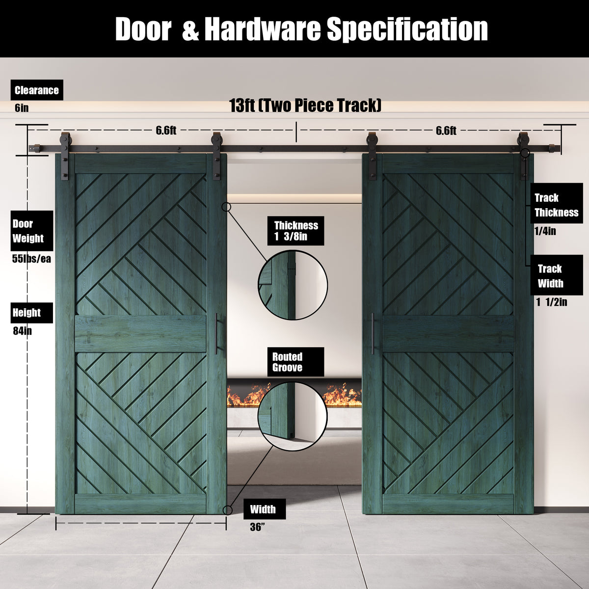 84" Height Royal Pine Geometric Design Unassembled & Finished Double Pine Wood Barn Door with Non-Bypass Installation Hardware Kit(Interior Use Only)