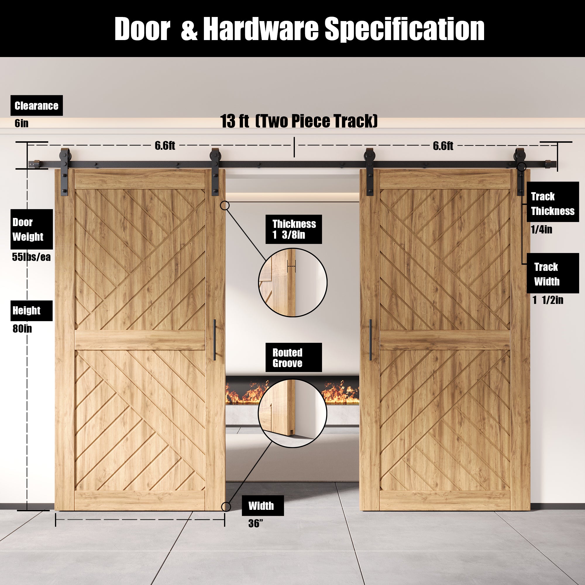 80" Height Geometric Design Unassembled & Unfinished Double Pine Wood Barn Door with Non-Bypass Installation Hardware Kit(Interior Use Only)