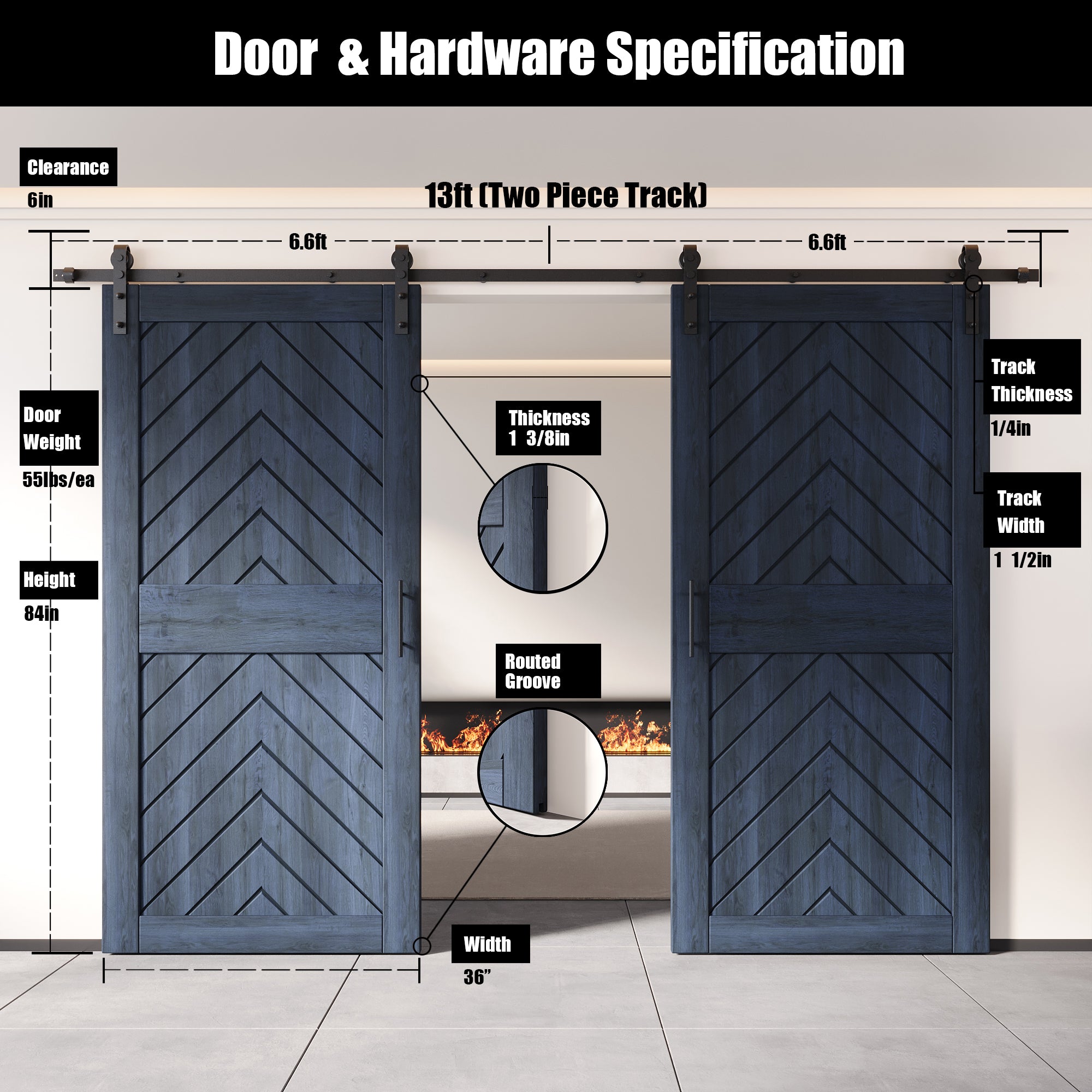 sliding barn door hardware kit with two doors pine wood barn door navy fishbone design