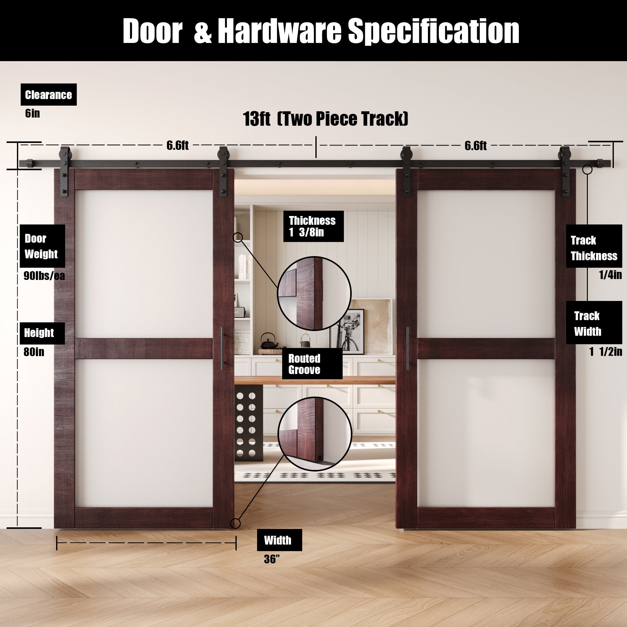 80" Height Red Mahogany 2-Lite Frosted Glass Double Unassembled & Finished Pine Wood Barn Doors with Non-Bypass Installation Hardware Kit (Interior Use Only)