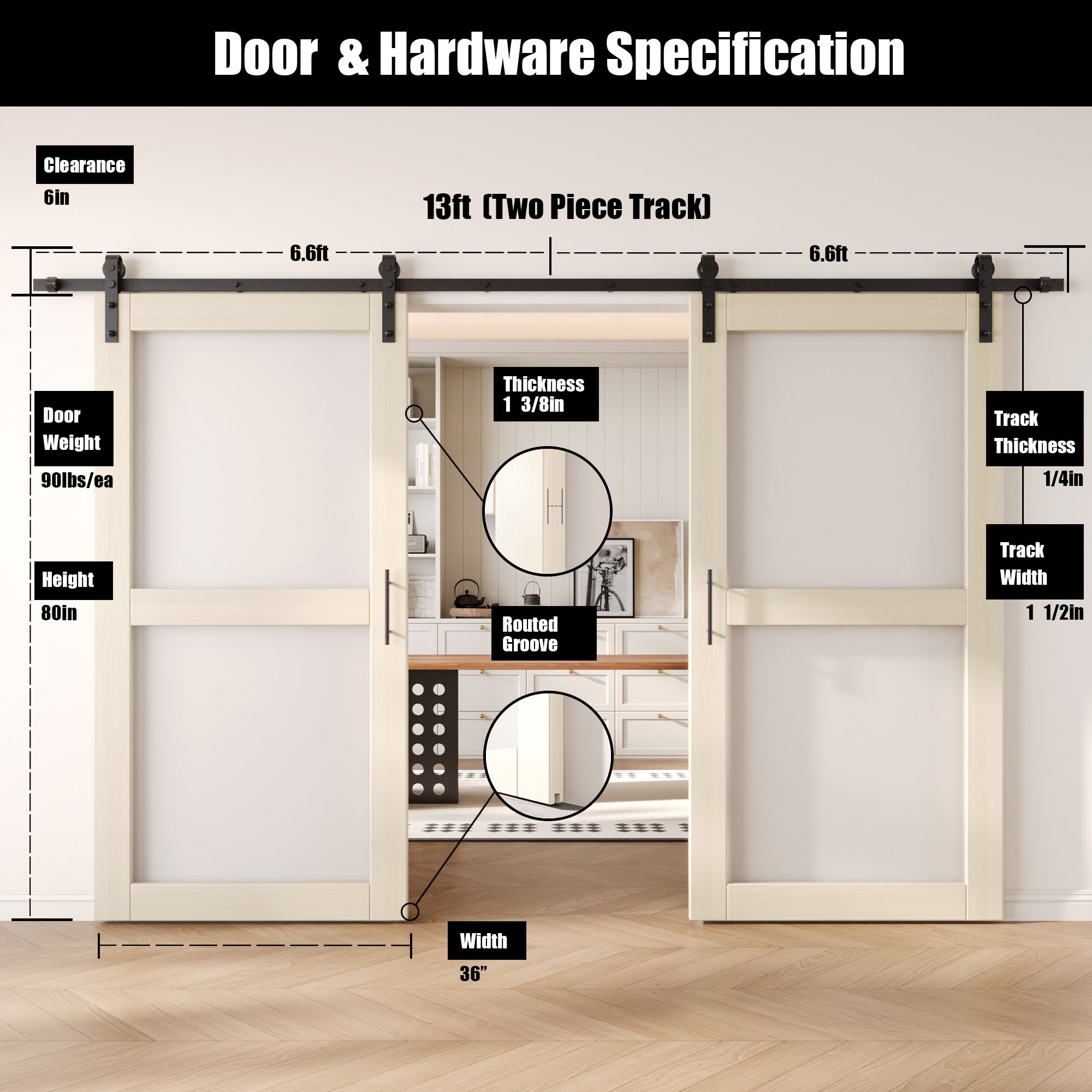 80" Height Tinsmith Gray 2-Lite Frosted Glass Double Unassembled & Finished Pine Wood Barn Doors with Non-Bypass Installation Hardware Kit (Interior Use Only)