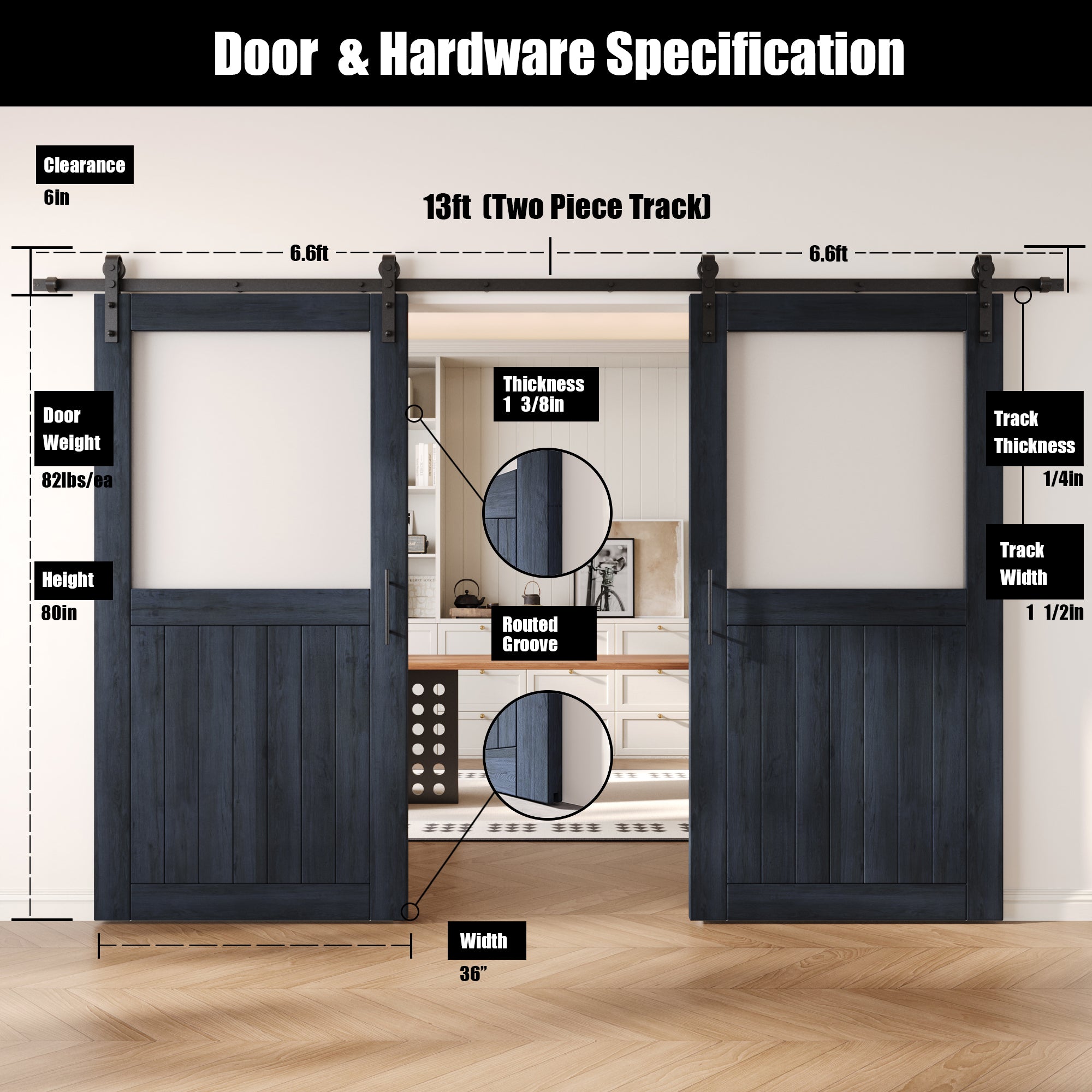 80" Height Navy Half Lite Frosted Glass Double Unassembled & Finished Pine Wood Barn Door with Non-Bypass Installation Hardware Kit (Interior Use Only)
