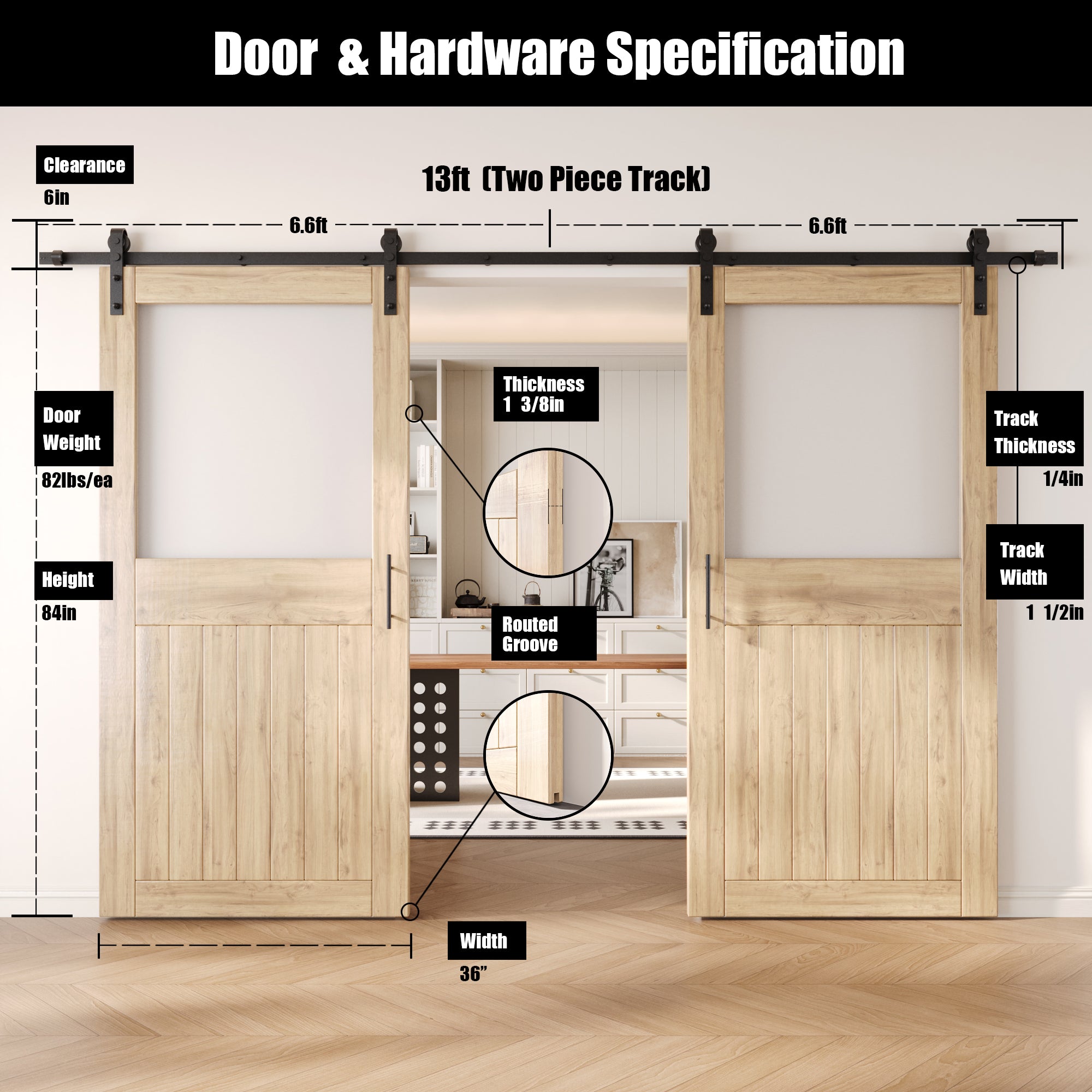84" Height Half Lite Frosted Glass Double Unassembled & Unfinished Pine Wood Barn Door with Non-Bypass Installation Hardware Kit (Interior Use Only)