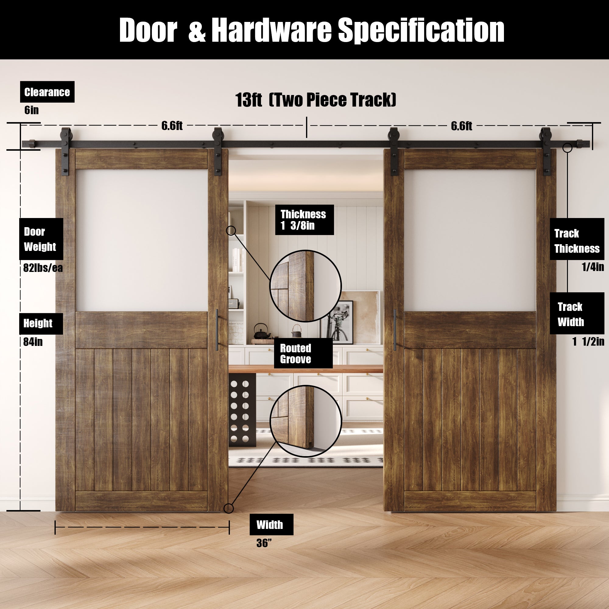 84" Height Dark Walnut Half Lite Frosted Glass Double Unassembled & Finished Pine Wood Barn Door with Non-Bypass Installation Hardware Kit (Interior Use Only)