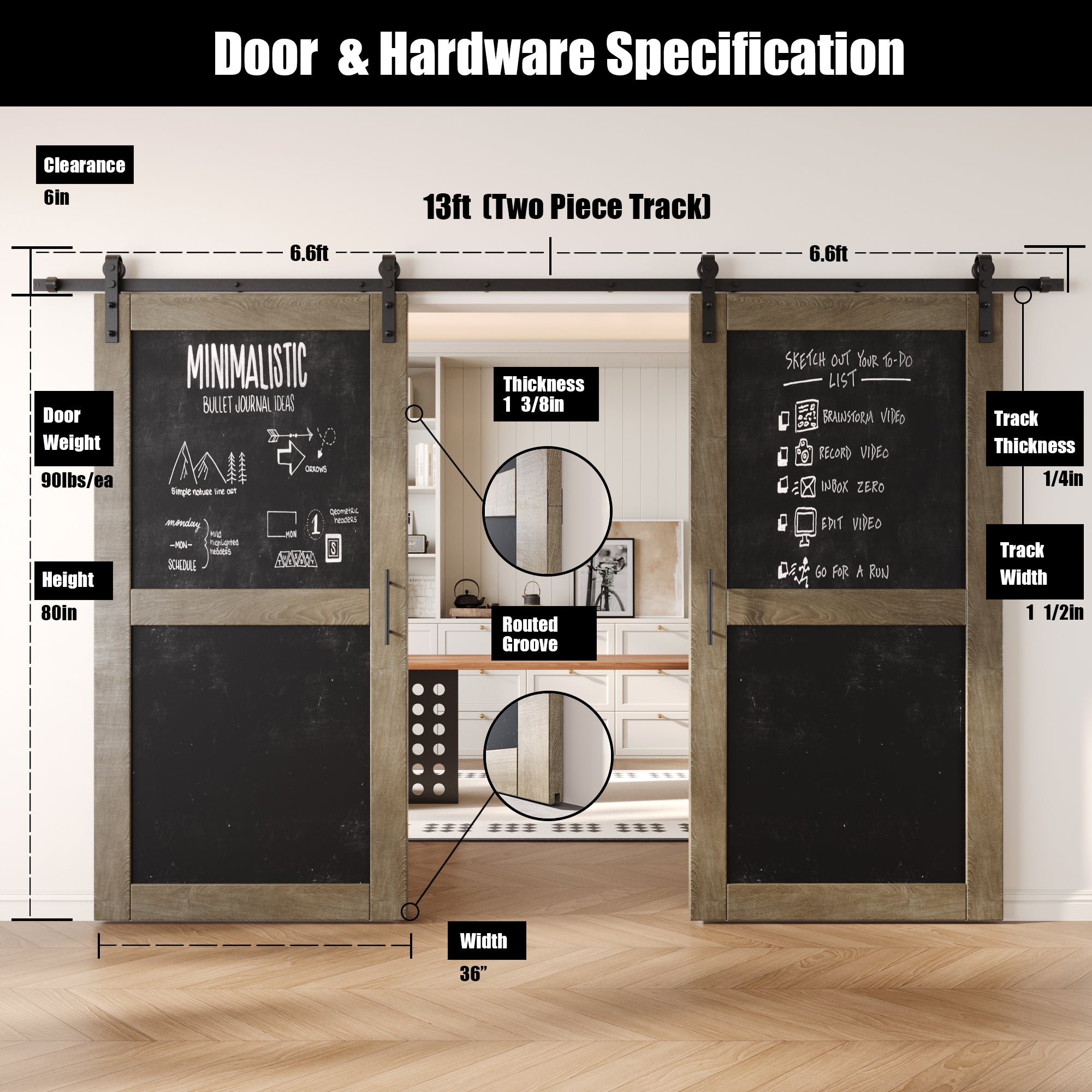 80" Height Classic Gray Chalkboard Design Double Unassembled & Finished Pine Wood Barn Doors with Non-Bypass Installation Hardware Kit (Interior Use Only)