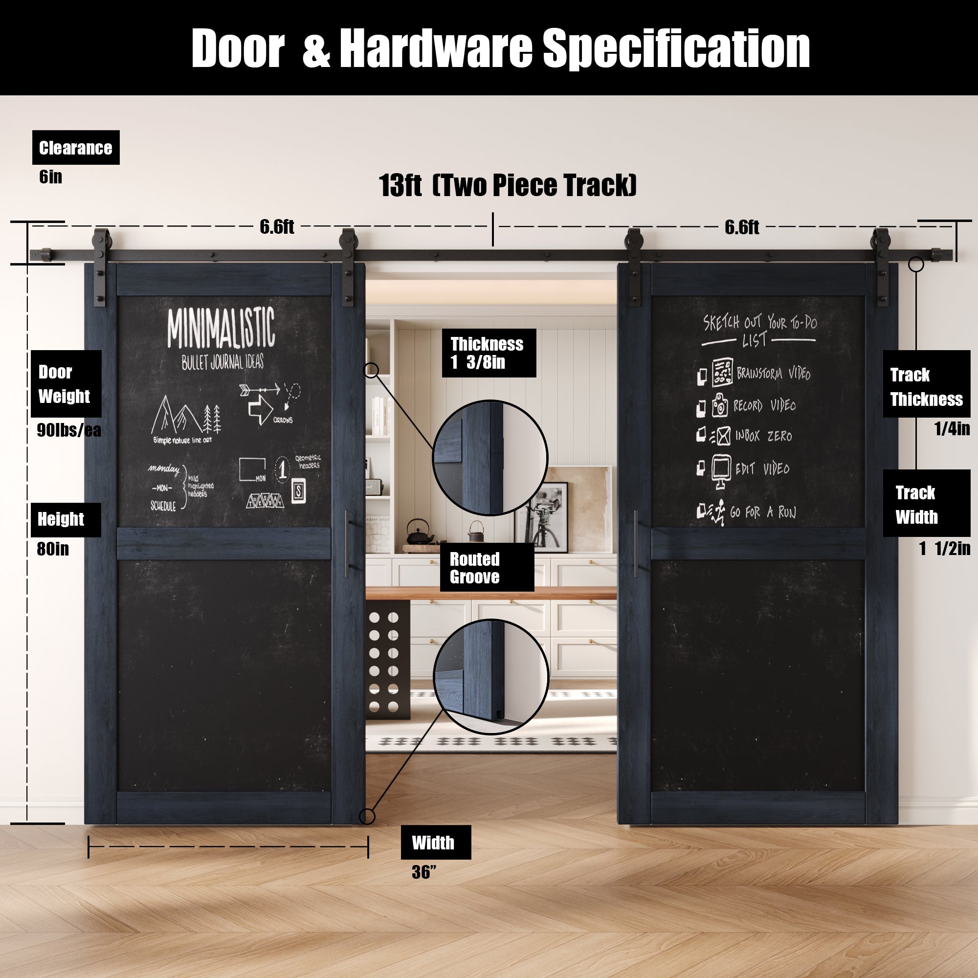 80" Height Navy Chalkboard Design Double Unassembled & Finished Pine Wood Barn Doors with Non-Bypass Installation Hardware Kit (Interior Use Only)