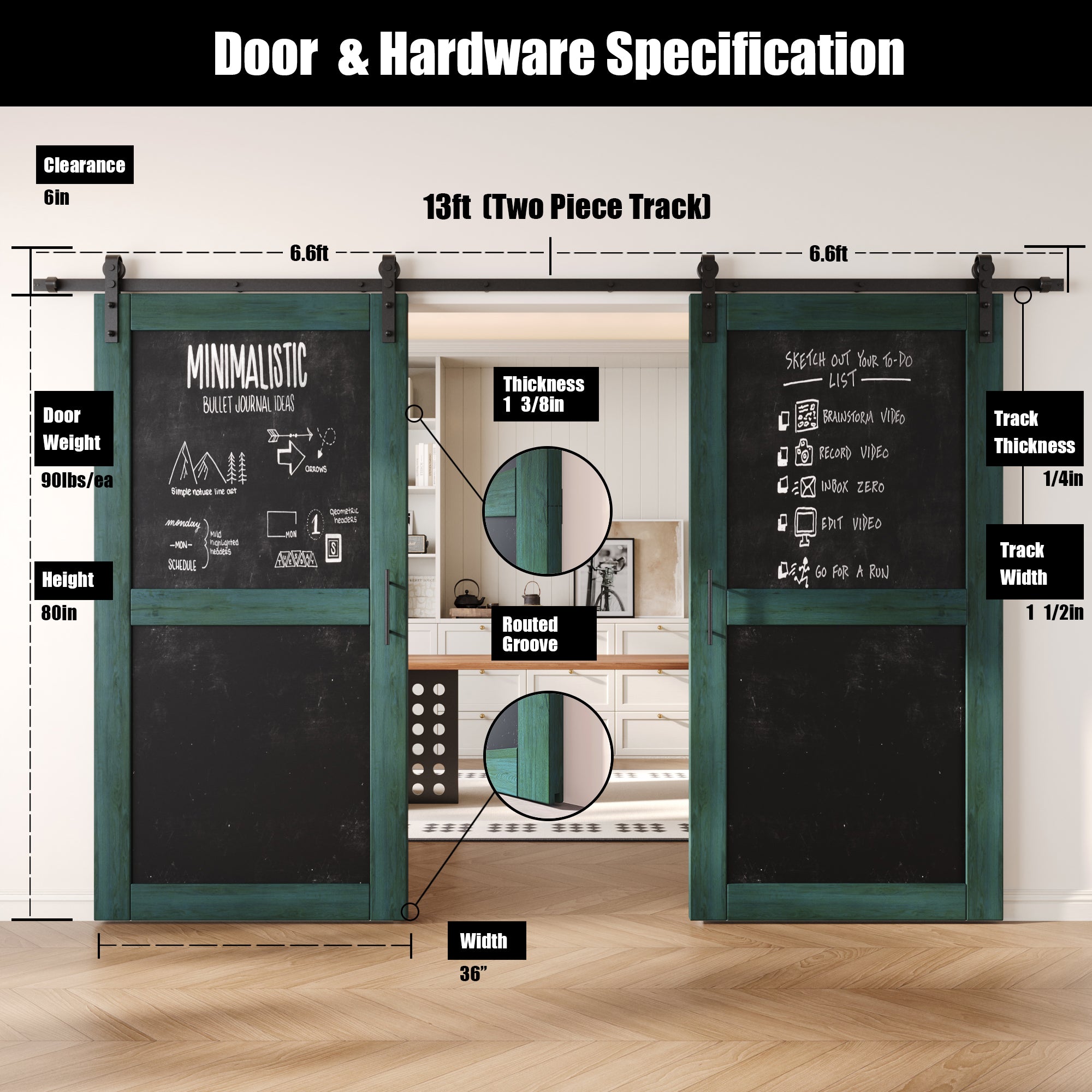 80" Height Royal Pine Chalkboard Design Double Unassembled & Finished Pine Wood Barn Doors with Non-Bypass Installation Hardware Kit (Interior Use Only)