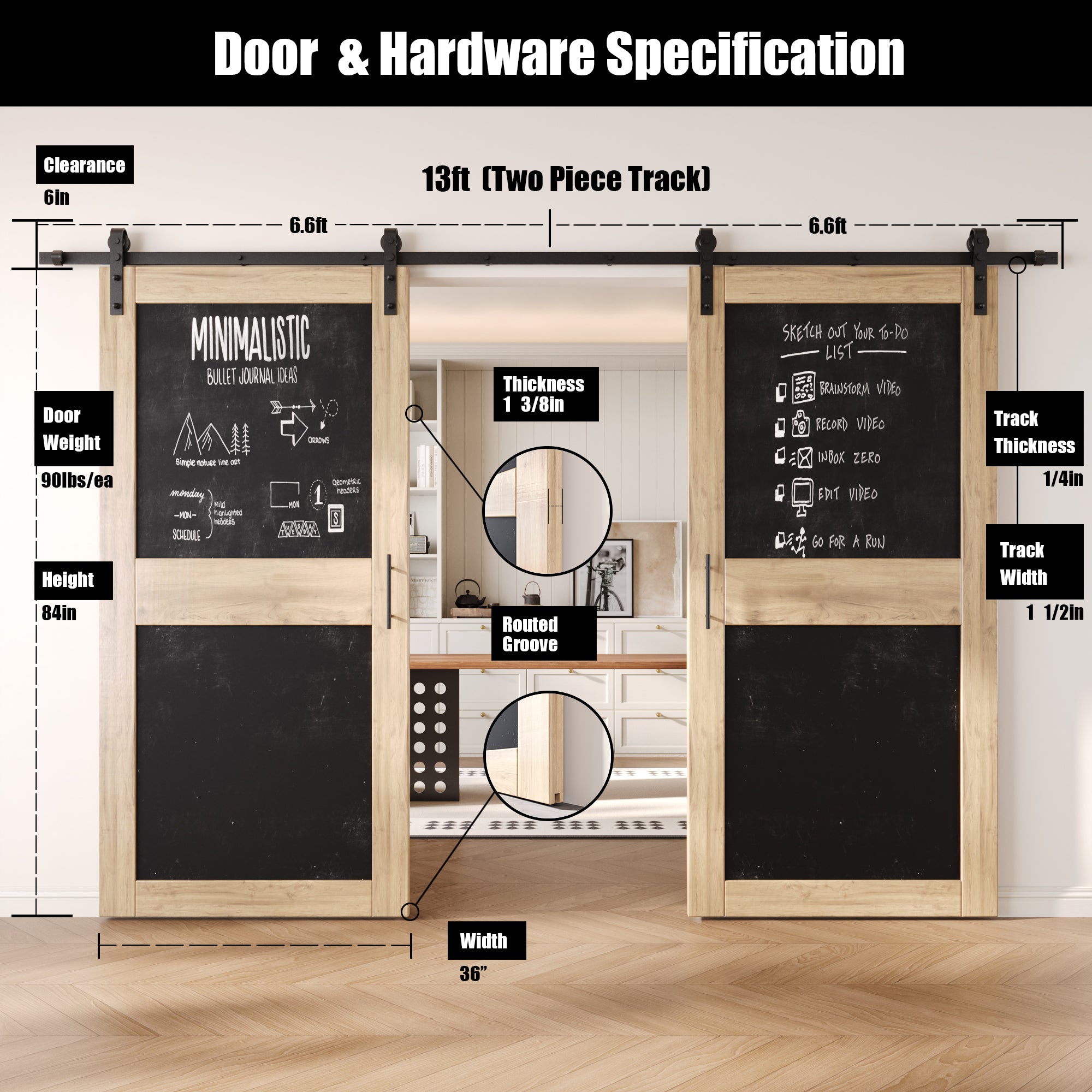 84" Height Chalkboard Design Double Unassembled & Unfinished Pine Wood Barn Doors with Non-Bypass Installation Hardware Kit (Interior Use Only)