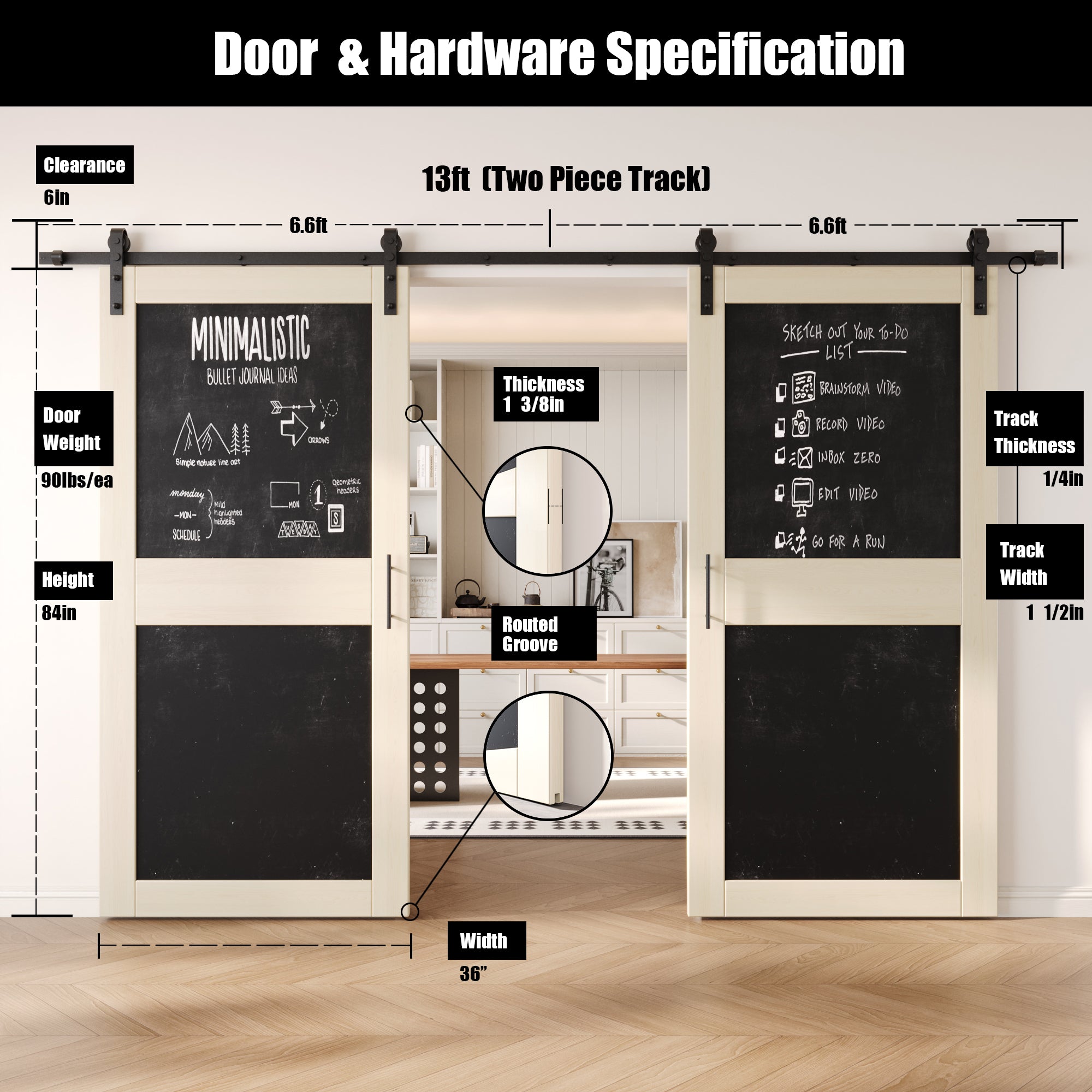 84" Height Tinsmith Gray Chalkboard Design Double Unassembled & Finished Pine Wood Barn Doors with Non-Bypass Installation Hardware Kit (Interior Use Only)