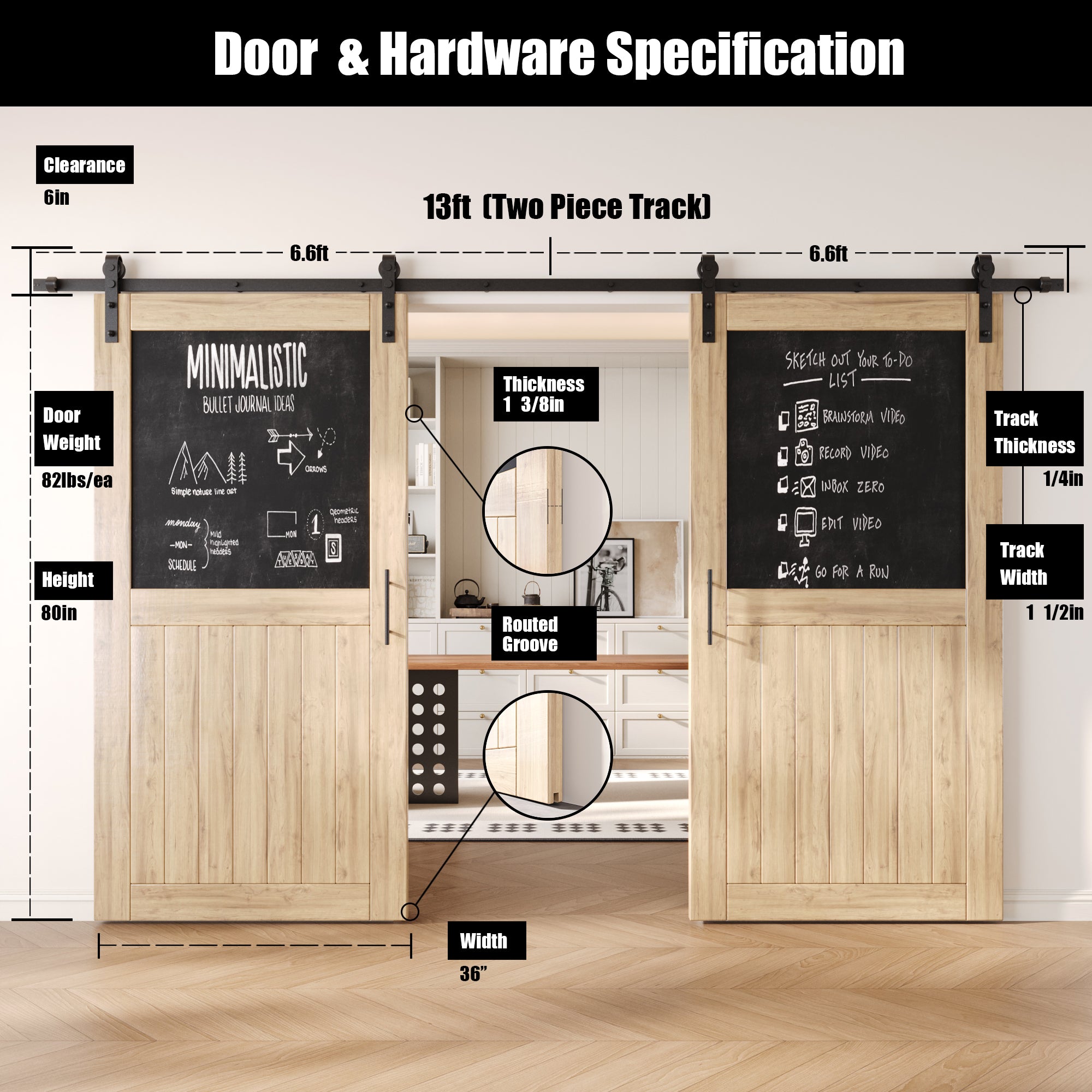 80" Height Top Chalkboard Panel Double Unassembled & Unfinished Pine Wood Barn Doors with Non-Bypass Installation Hardware Kit (Interior Use Only)