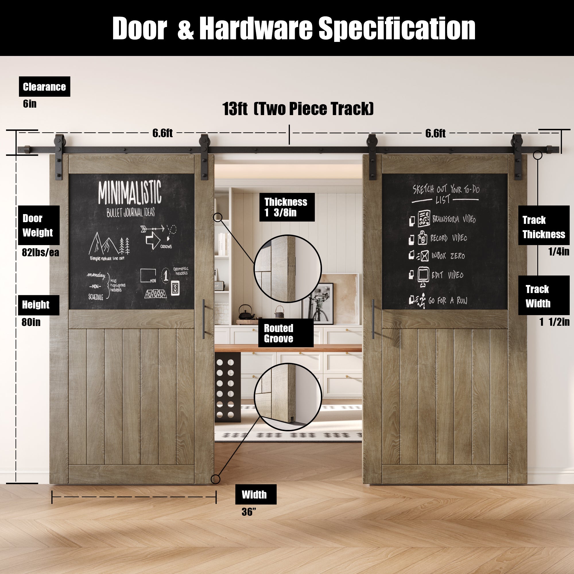 80" Height Classic Gray Top Chalkboard Panel Double Unassembled & Finished Pine Wood Barn Doors with Non-Bypass Installation Hardware Kit (Interior Use Only)