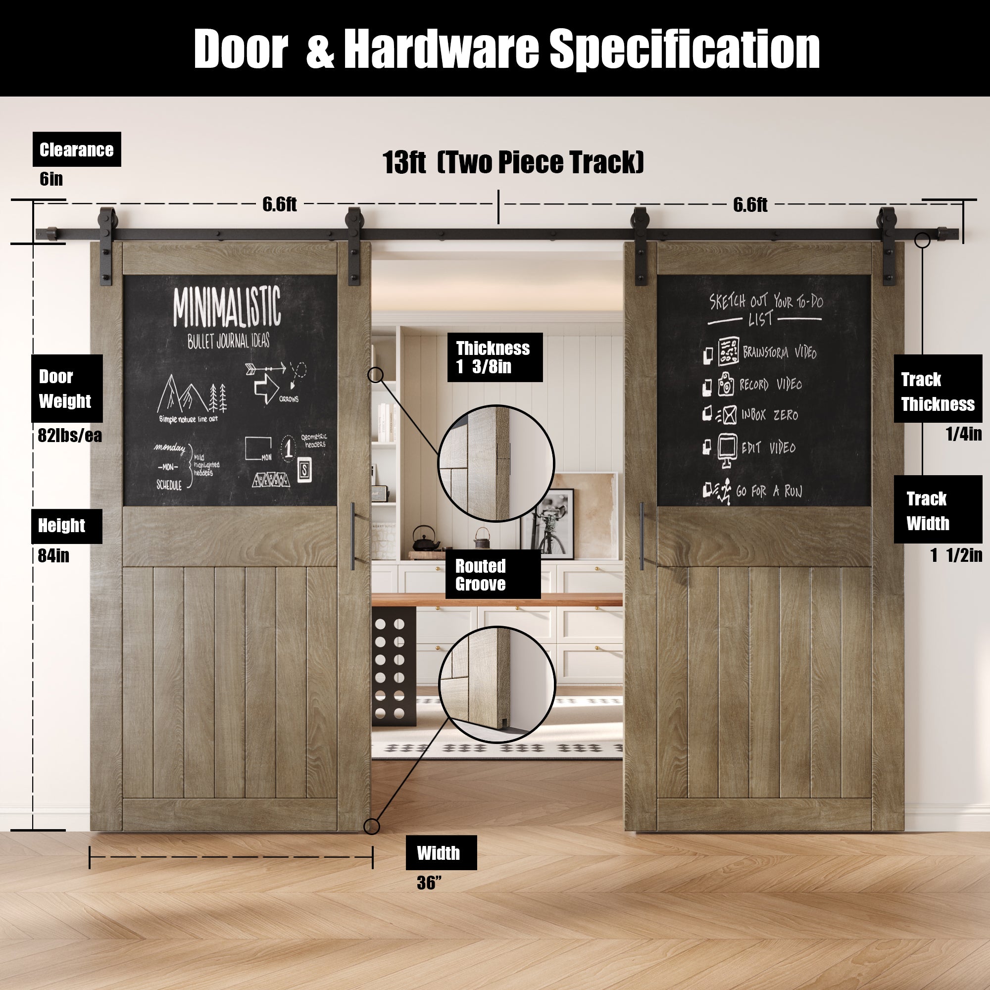 84" Height Classic Gray Top Chalkboard Panel Double Unassembled & Finished Pine Wood Barn Doors with Non-Bypass Installation Hardware Kit (Interior Use Only)