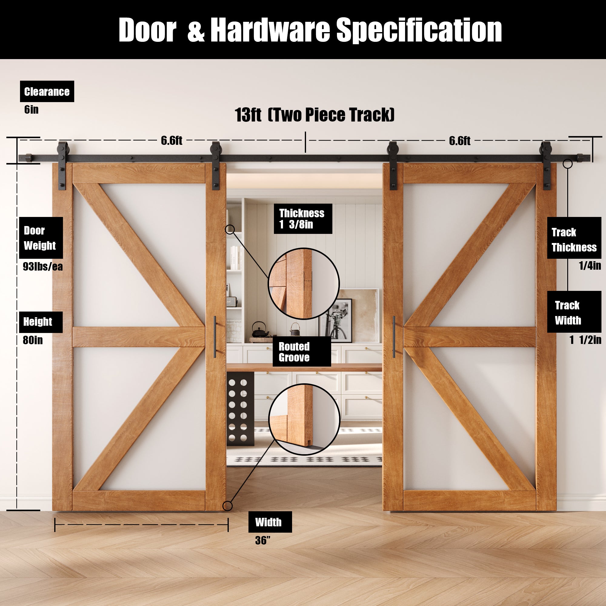80" Height Early American Frosted Glass Arrow Design Double Unassembled & Finished Pine Wood Barn Doors with Non-Bypass Installation Hardware Kit (Interior Use Only)