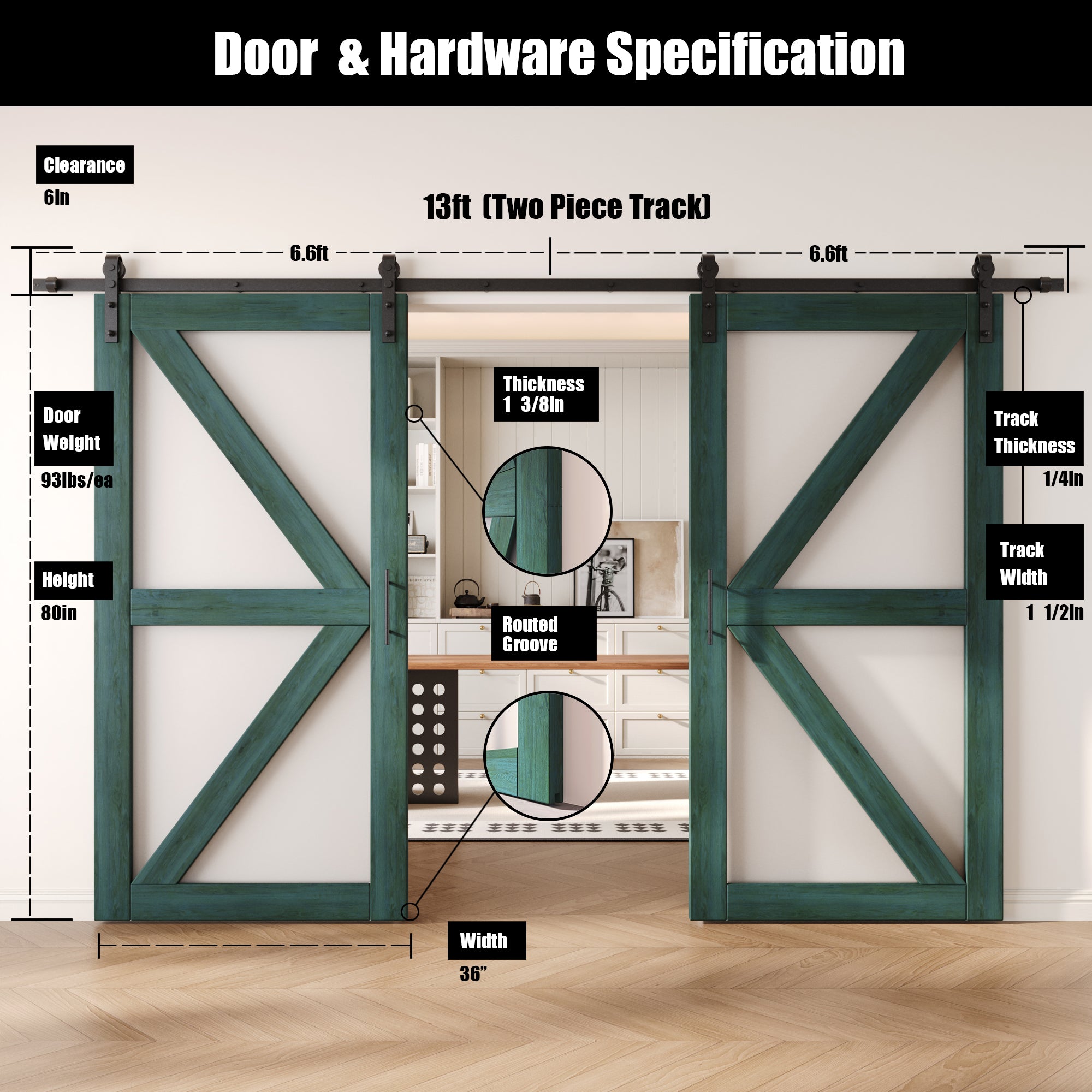 80" Height Royal Pine Arrow Pattern Glass Double Unassembled & Finished Pine Wood Barn Doors with Non-Bypass Installation Hardware Kit (Interior Use Only)