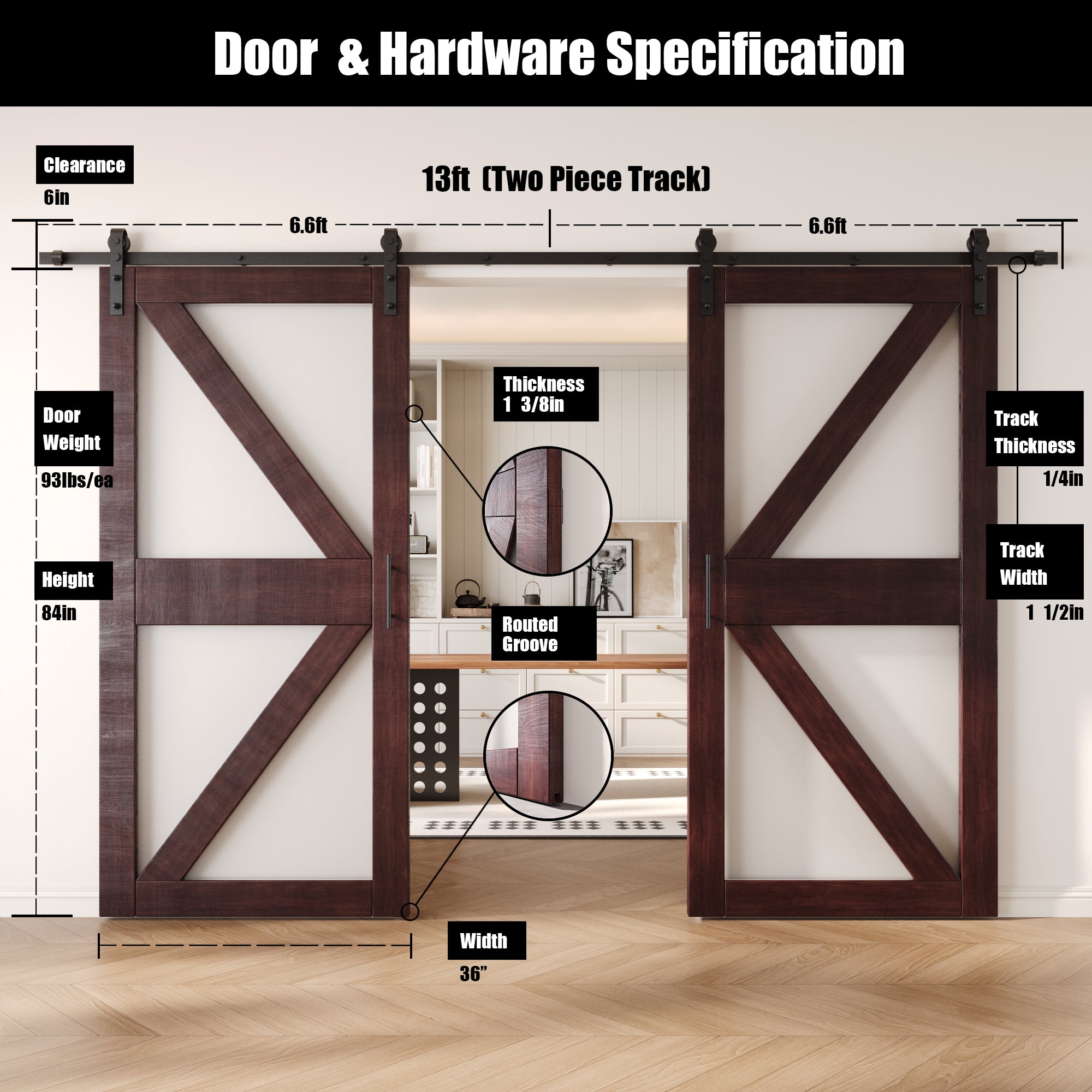 84" Height Red Mahogany Arrow Pattern Glass Double Unassembled & Finished Pine Wood Barn Doors with Non-Bypass Installation Hardware Kit (Interior Use Only)