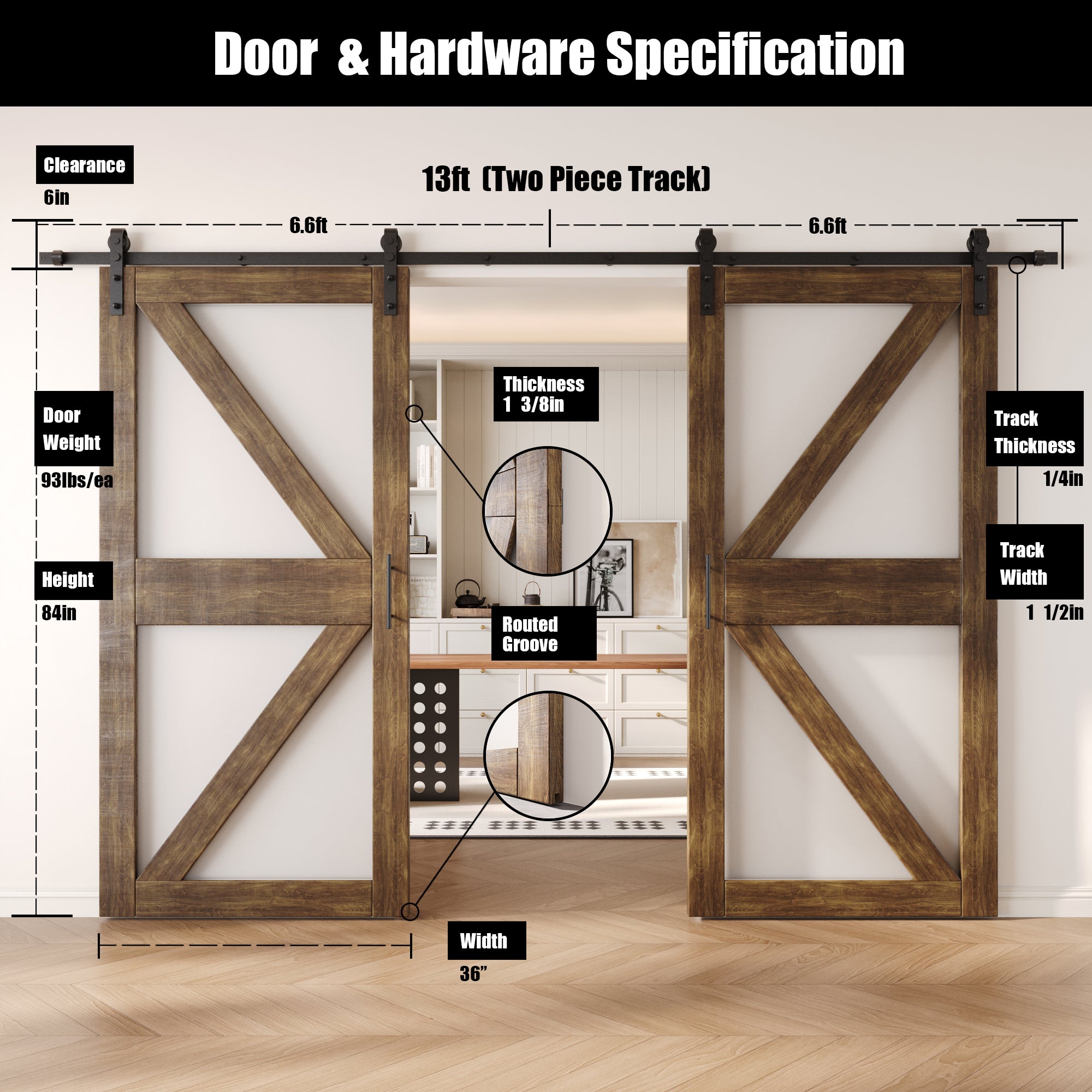 84" Height Dark Walnut Arrow Pattern Glass Double Unassembled & Finished Pine Wood Barn Doors with Non-Bypass Installation Hardware Kit (Interior Use Only)