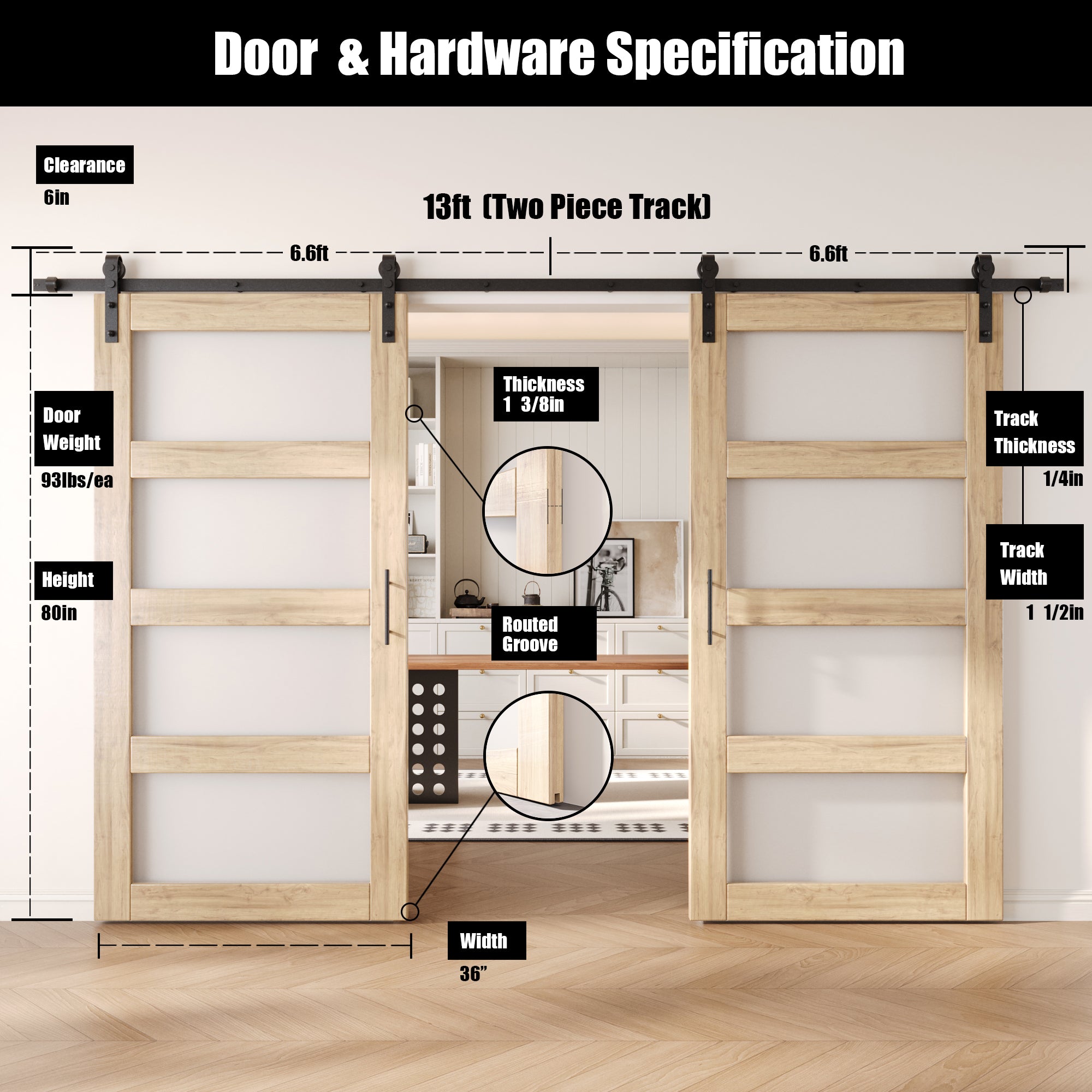80" Height 4-Lite Frosted Glass Double Unassembled & Unfinished Pine Wood Barn Doors with Non-Bypass Installation Hardware Kit (Interior Use Only)