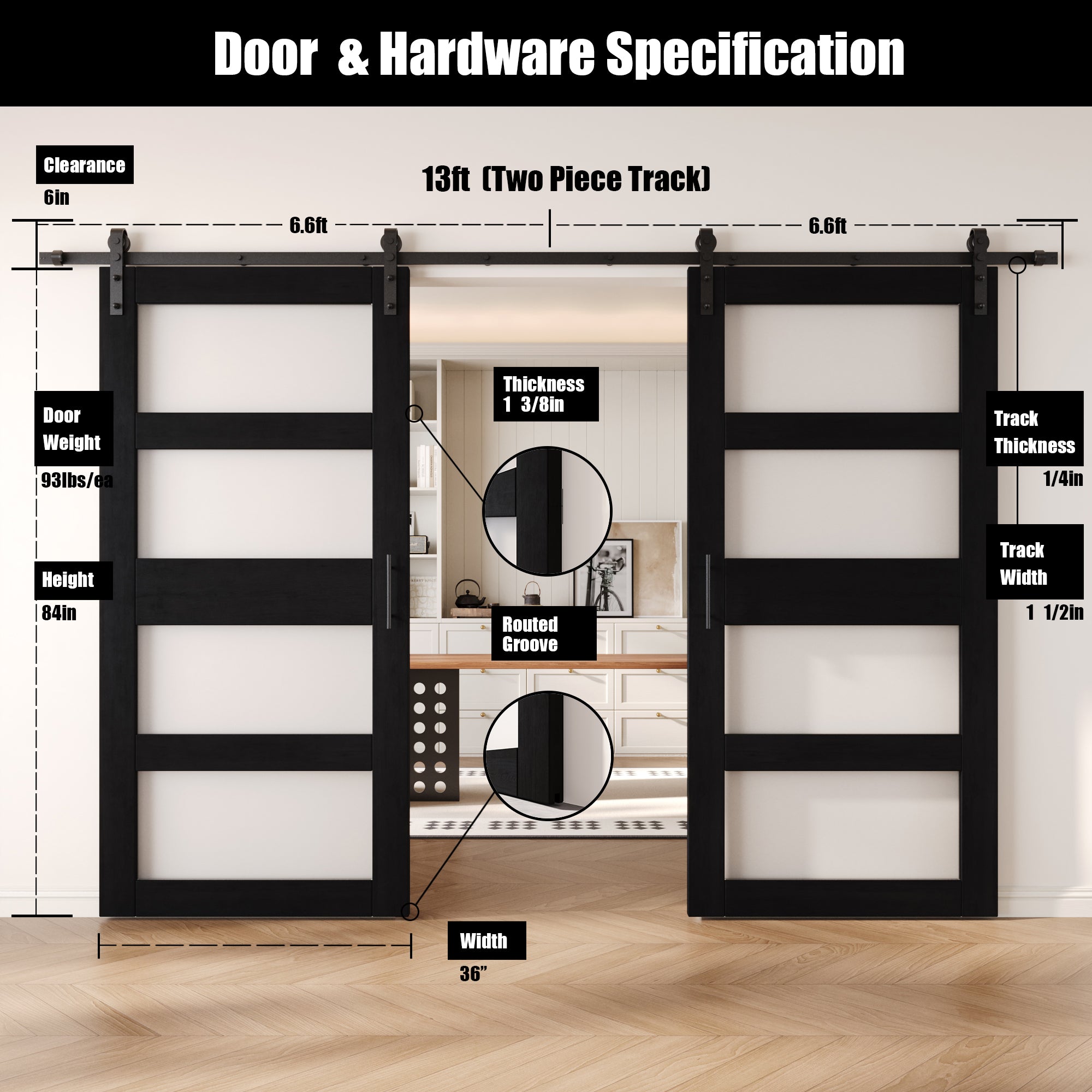 84" Height Black 4-Lite Frosted Glass Double Unassembled & Finished Pine Wood Barn Doors with Non-Bypass Installation Hardware Kit (Interior Use Only)