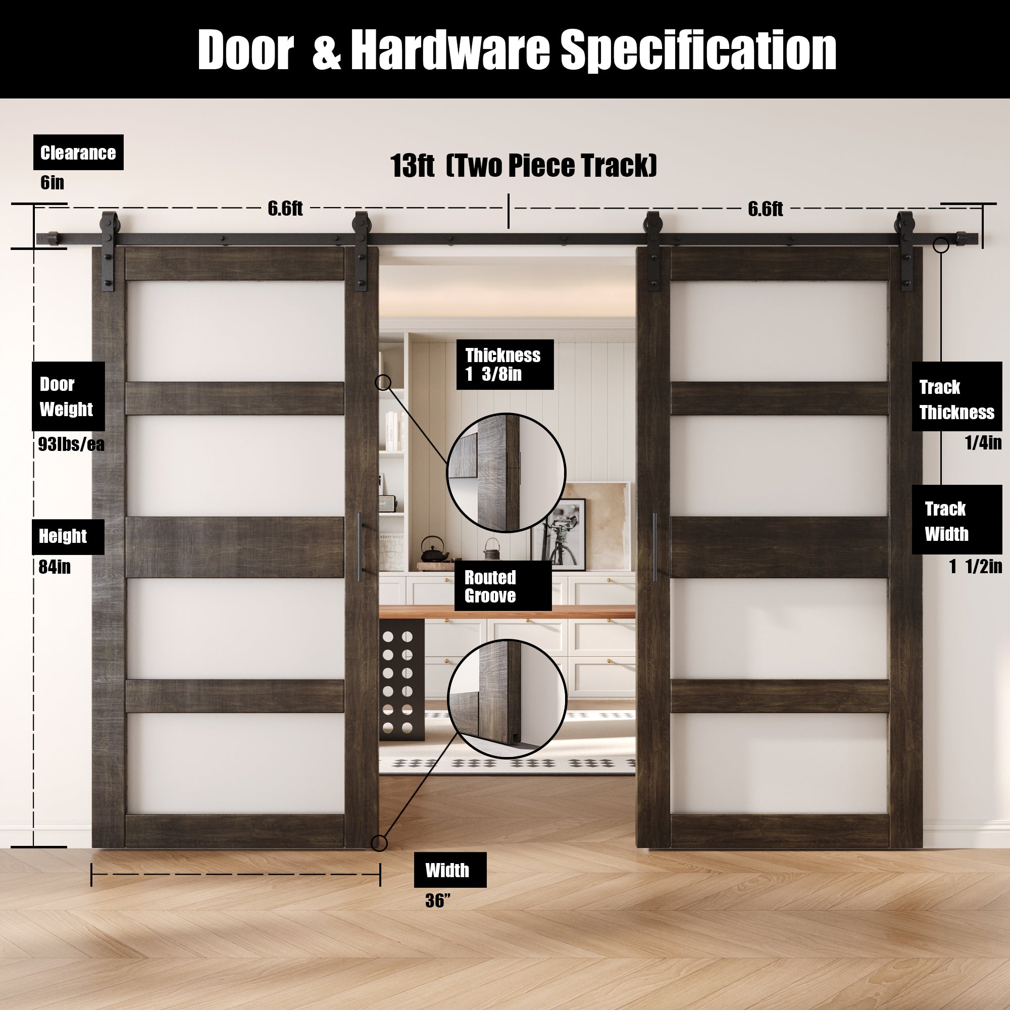 84" Height Ebony 4-Lite Frosted Glass Double Unassembled & Finished Pine Wood Barn Doors with Non-Bypass Installation Hardware Kit (Interior Use Only)