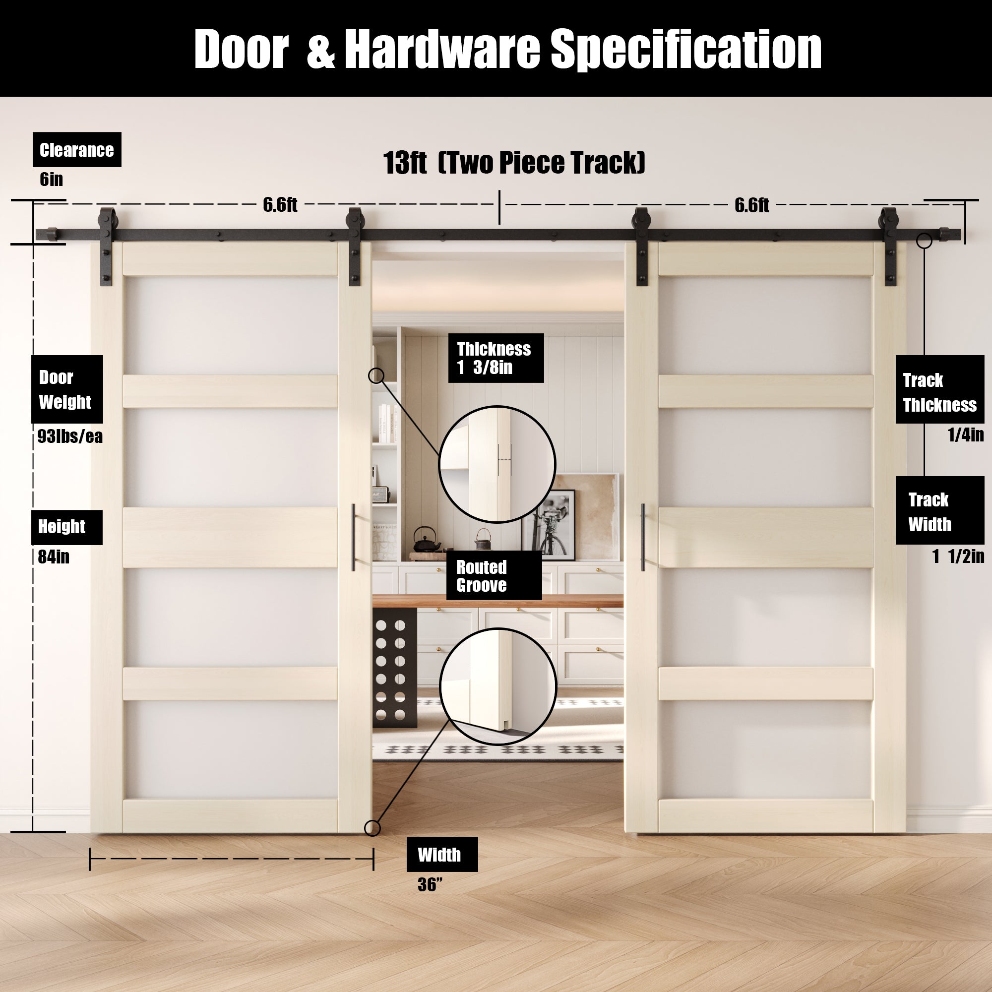 84" Height Tinsmith Gray 4-Lite Frosted Glass Double Unassembled & Finished Pine Wood Barn Doors with Non-Bypass Installation Hardware Kit (Interior Use Only)
