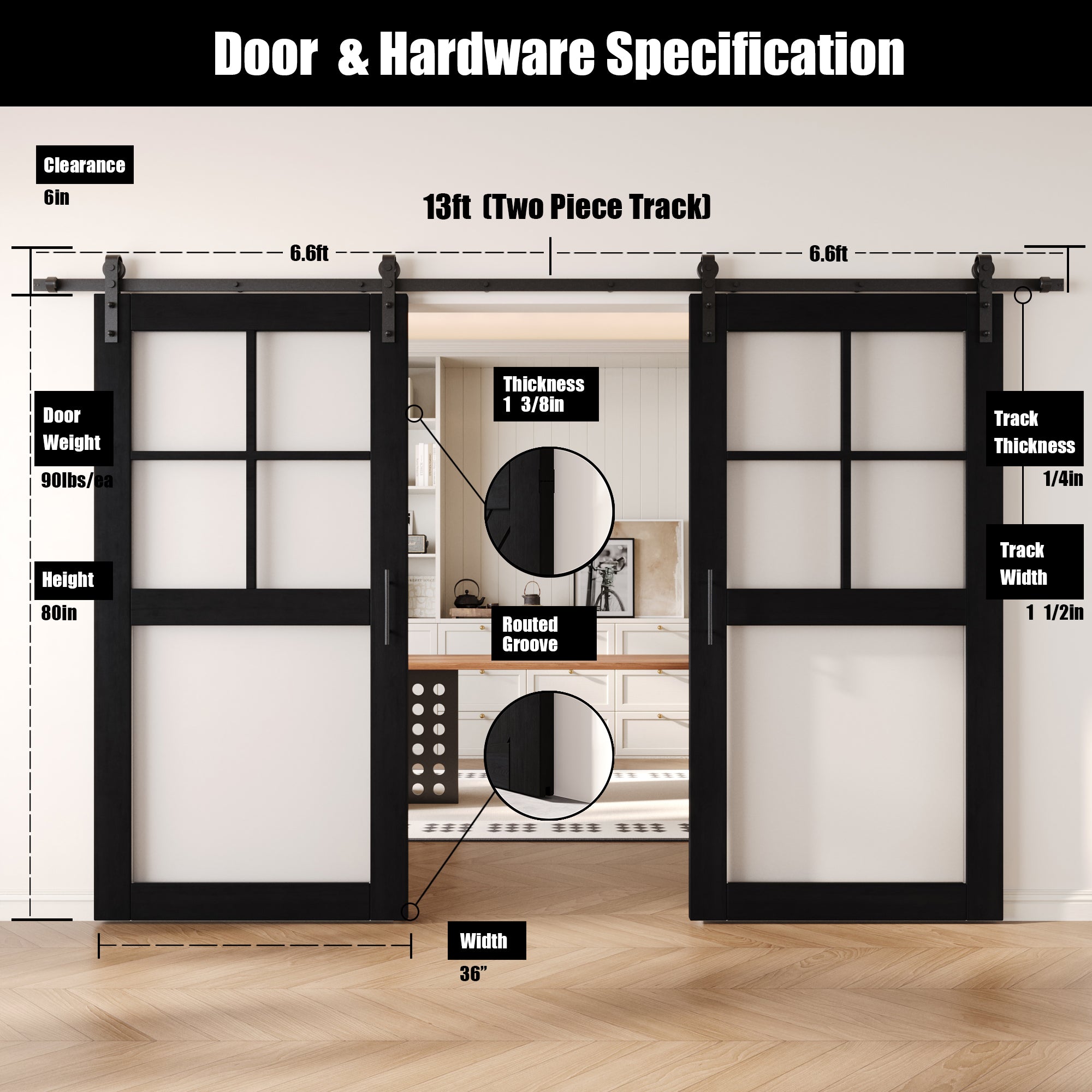 80" Height Black 5-Lite Frosted Glass Double Unassembled & Finished Pine Wood Barn Doors with Non-Bypass Installation Hardware Kit (Interior Use Only)
