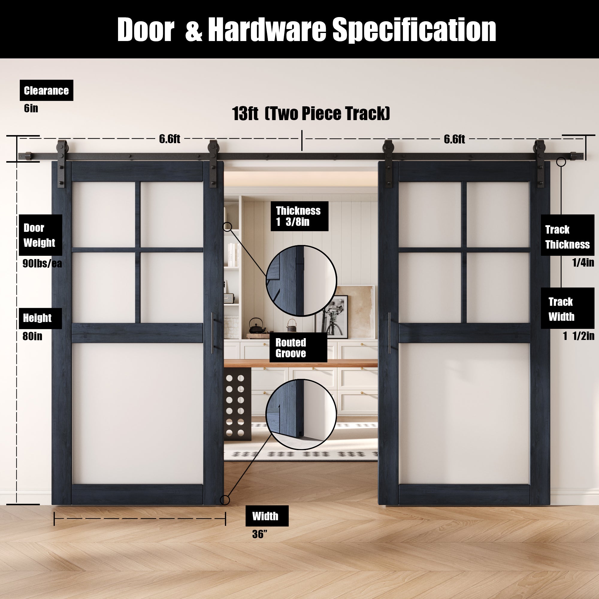 80" Height Navy 5-Lite Frosted Glass Double Unassembled & Finished Pine Wood Barn Doors with Non-Bypass Installation Hardware Kit (Interior Use Only)