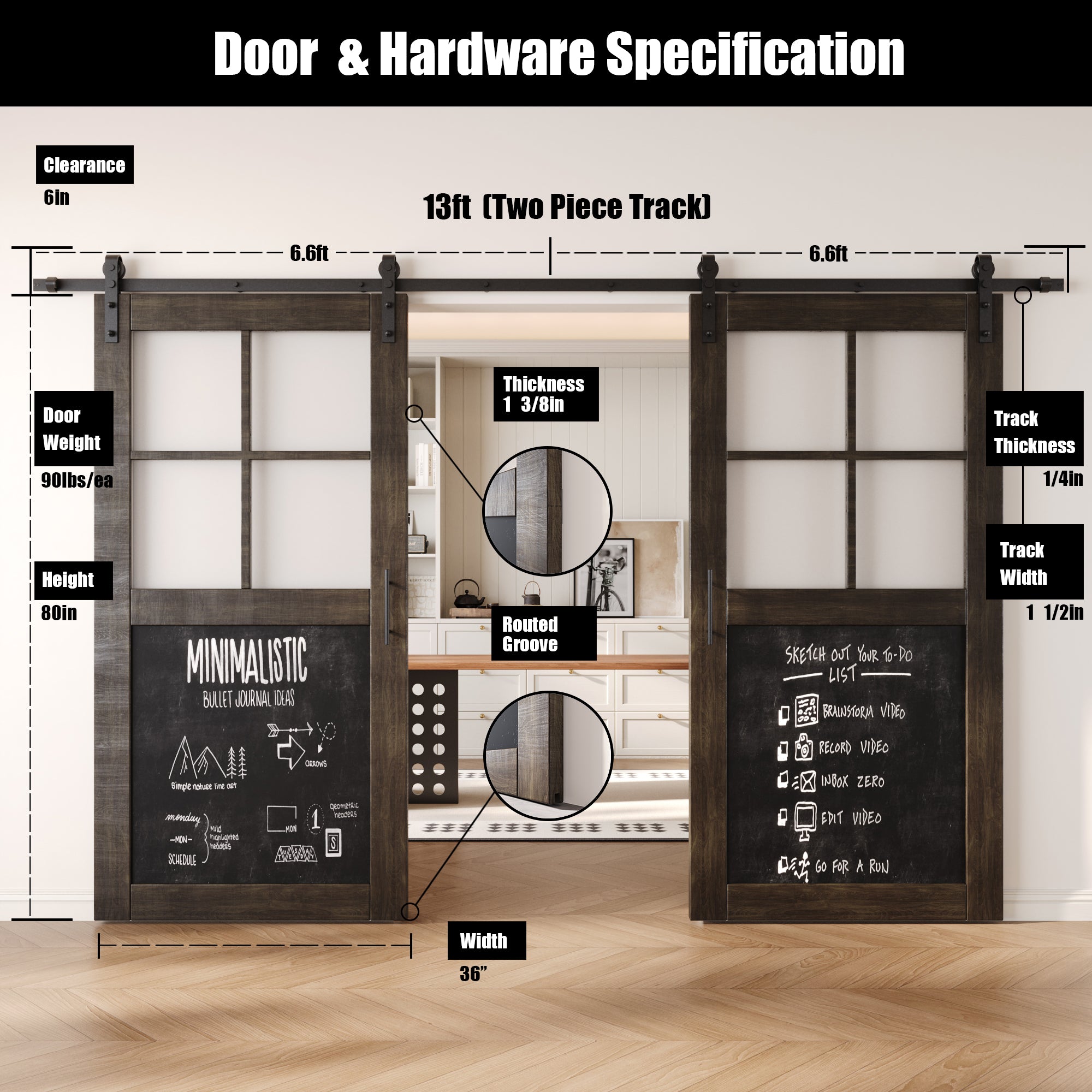 80" Height Half Lite Ebony Chalkboard Double Unassembled & Finished Pine Wood Barn Doors with Non-Bypass Installation Hardware Kit (Interior Use Only)