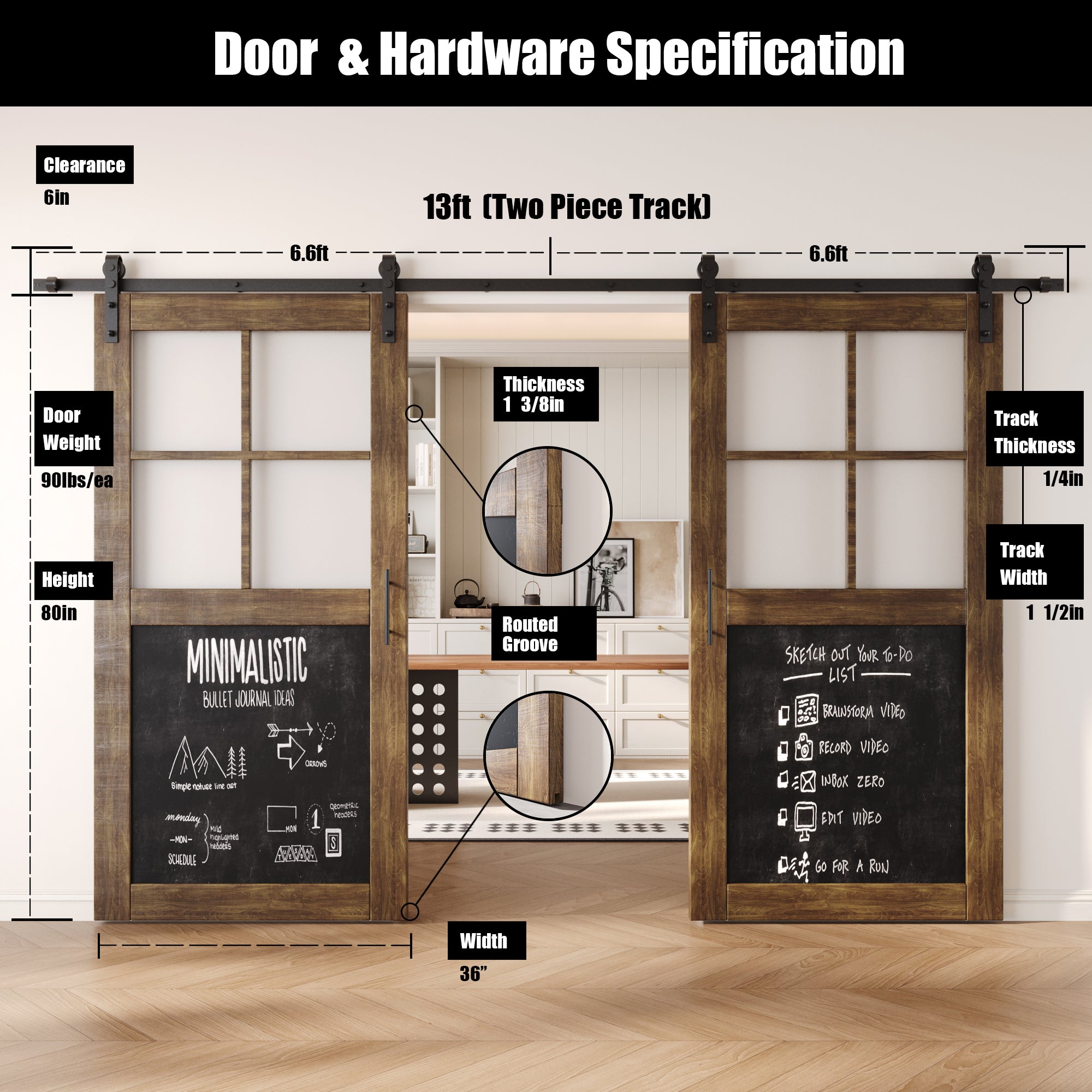 80" Height Dark Walnut Half Lite Chalkboard Double Unassembled & Finished Pine Wood Barn Doors with Non-Bypass Installation Hardware Kit (Interior Use Only)