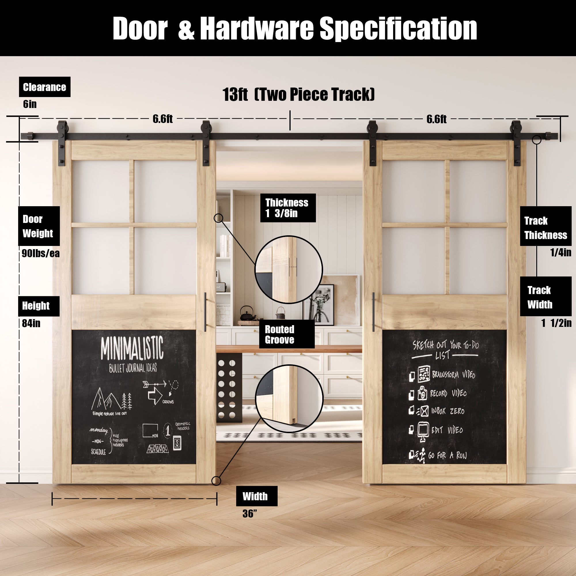 84" Height Half Lite Chalkboard Double Unassembled & Unfinished Pine Wood Barn Doors with Non-Bypass Installation Hardware Kit (Interior Use Only)