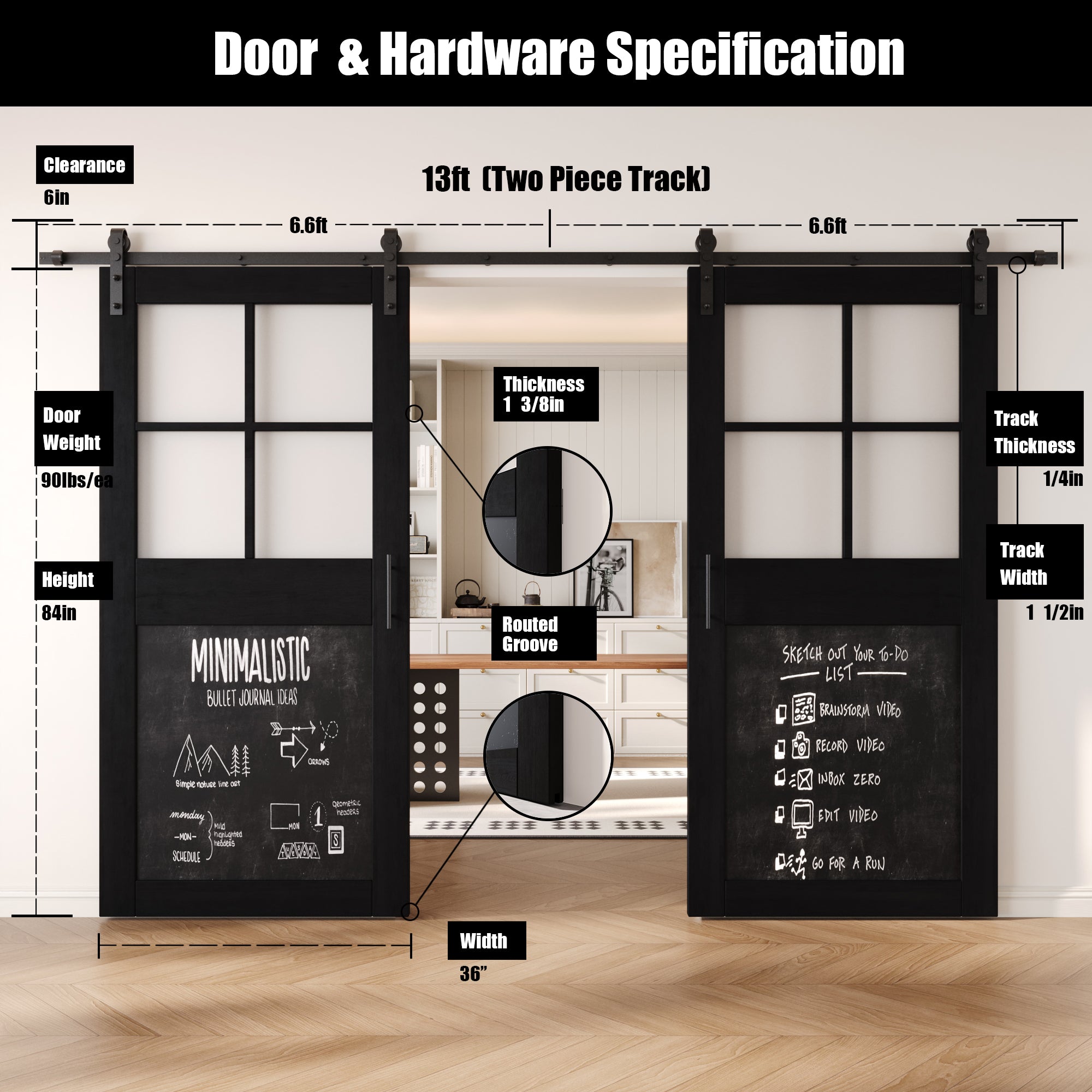 84" Height Black Half Lite Chalkboard Double Unassembled & Finished Pine Wood Barn Doors with Non-Bypass Installation Hardware Kit (Interior Use Only)