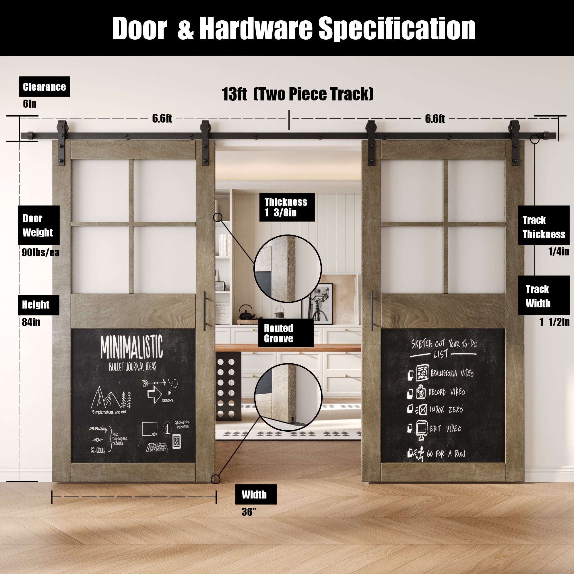 84" Height Classic Gray Half Lite Chalkboard Double Unassembled & Finished Pine Wood Barn Doors with Non-Bypass Installation Hardware Kit (Interior Use Only)