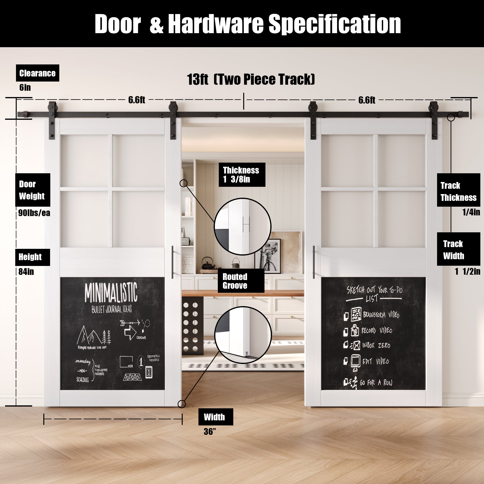 84" Height White Half Lite Chalkboard Double Unassembled & Finished Pine Wood Barn Doors with Non-Bypass Installation Hardware Kit (Interior Use Only)