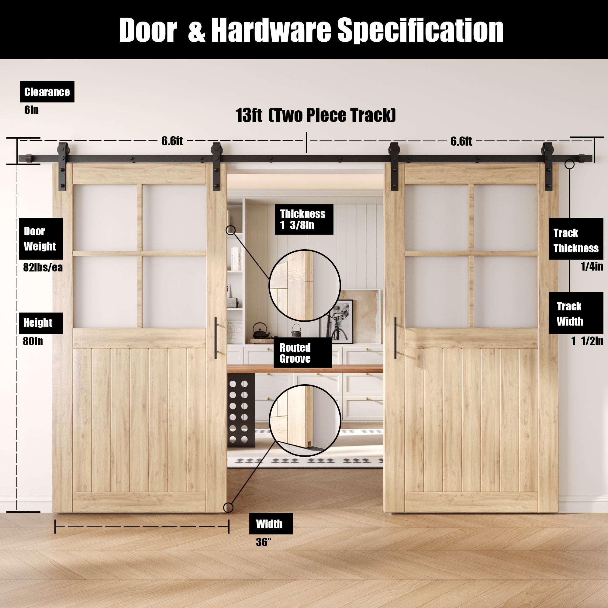 80" Height Half Lite Grid Glass Double Unassembled & Unfinished Pine Wood Barn Doors with Non-Bypass Installation Hardware Kit (Interior Use Only)