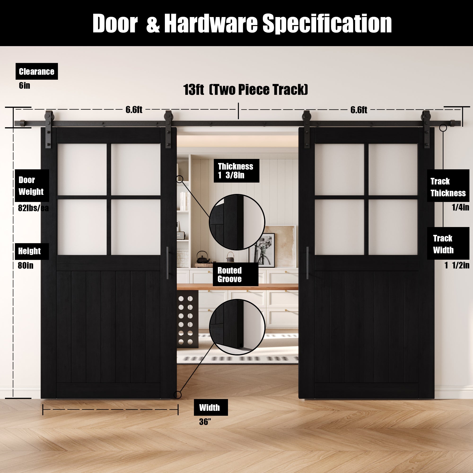 80" Height Black Half Lite Grid Glass Double Unassembled & Finished Pine Wood Barn Doors with Non-Bypass Installation Hardware Kit (Interior Use Only)