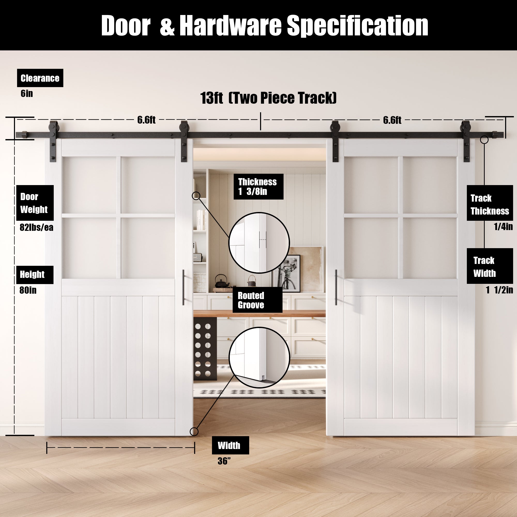 80" Height White Half Lite Grid Glass Double Unassembled & Finished Pine Wood Barn Doors with Non-Bypass Installation Hardware Kit (Interior Use Only)