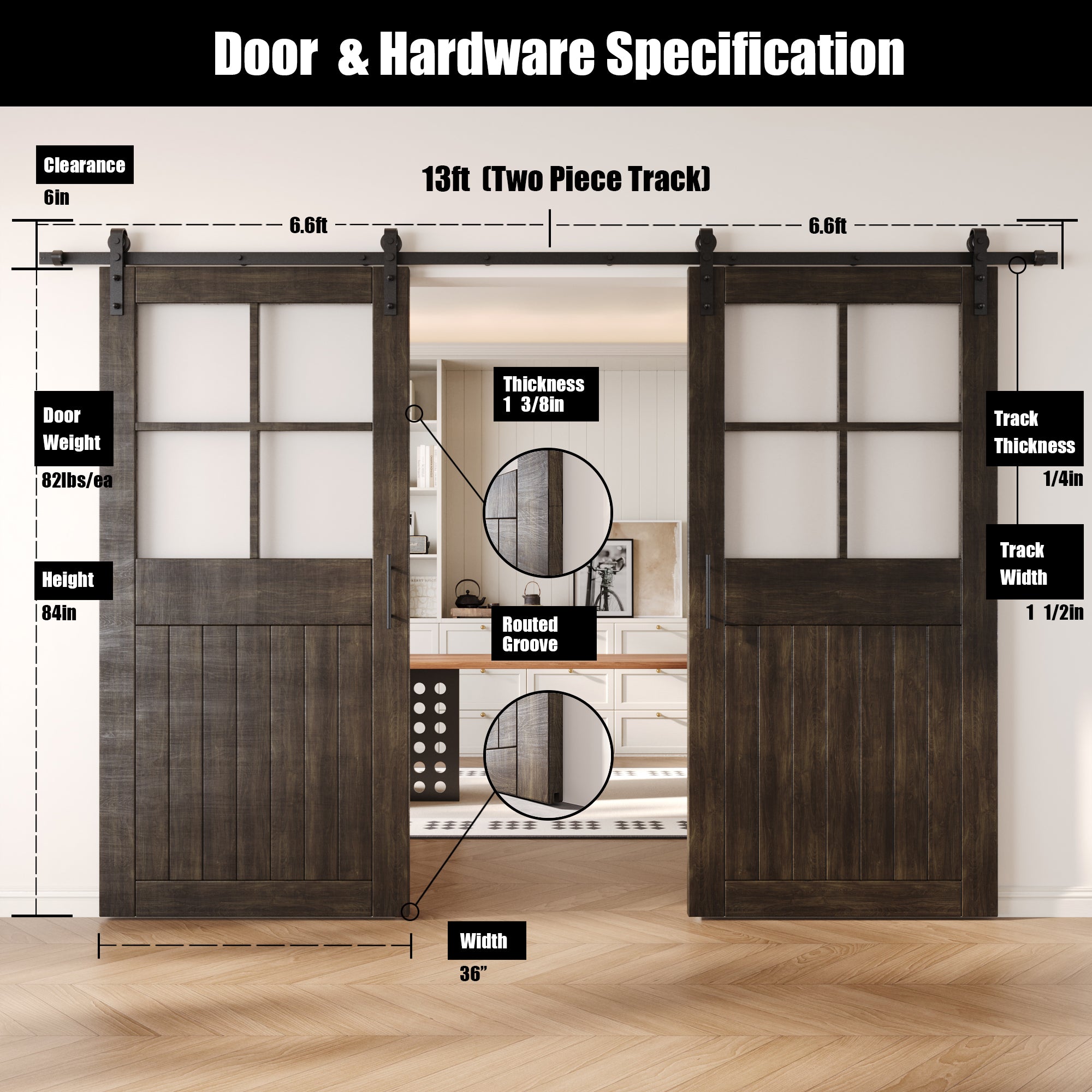 84" Height Ebony Half Lite Grid Glass Double Unassembled & Finished Pine Wood Barn Doors with Non-Bypass Installation Hardware Kit (Interior Use Only)