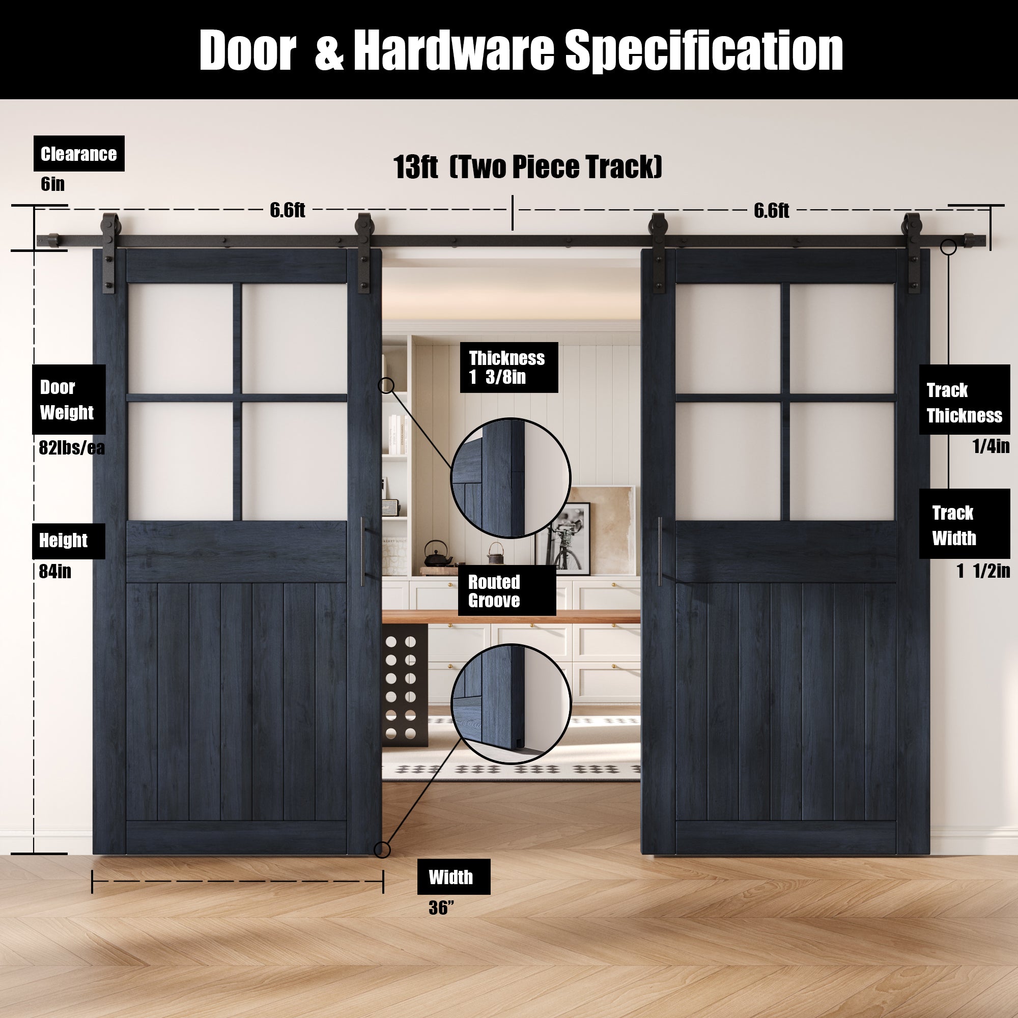84" Height Navy Half Lite Grid Glass Double Unassembled & Finished Pine Wood Barn Doors with Non-Bypass Installation Hardware Kit (Interior Use Only)