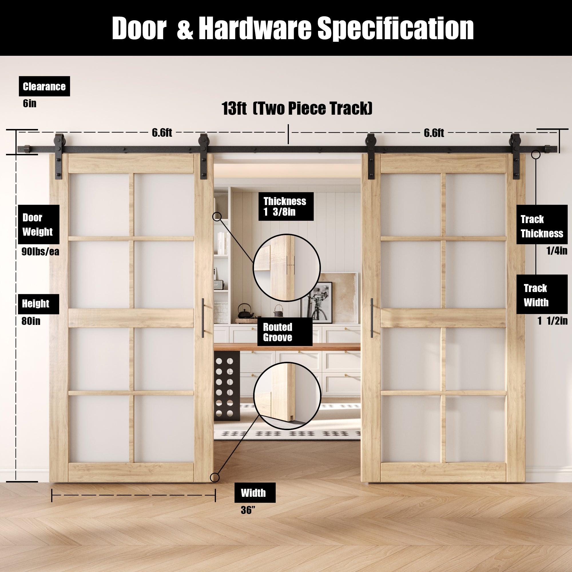 80" Height 8-Lite Frosted Glass Double Unassembled & Unfinished Pine Wood Barn Doors with Non-Bypass Installation Hardware Kit (Interior Use Only)